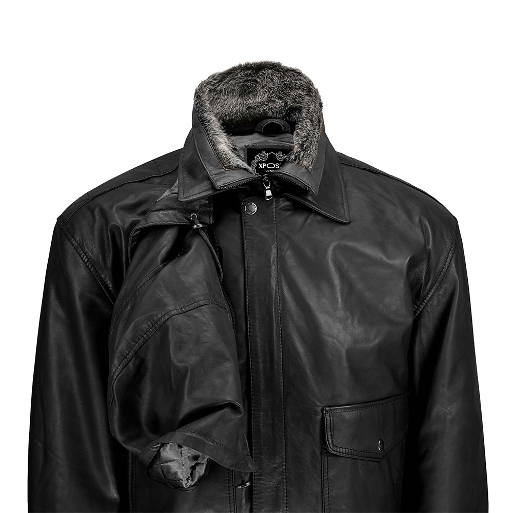 BOMBER FUR COLLAR LEATHER JACKET WITH HOOD