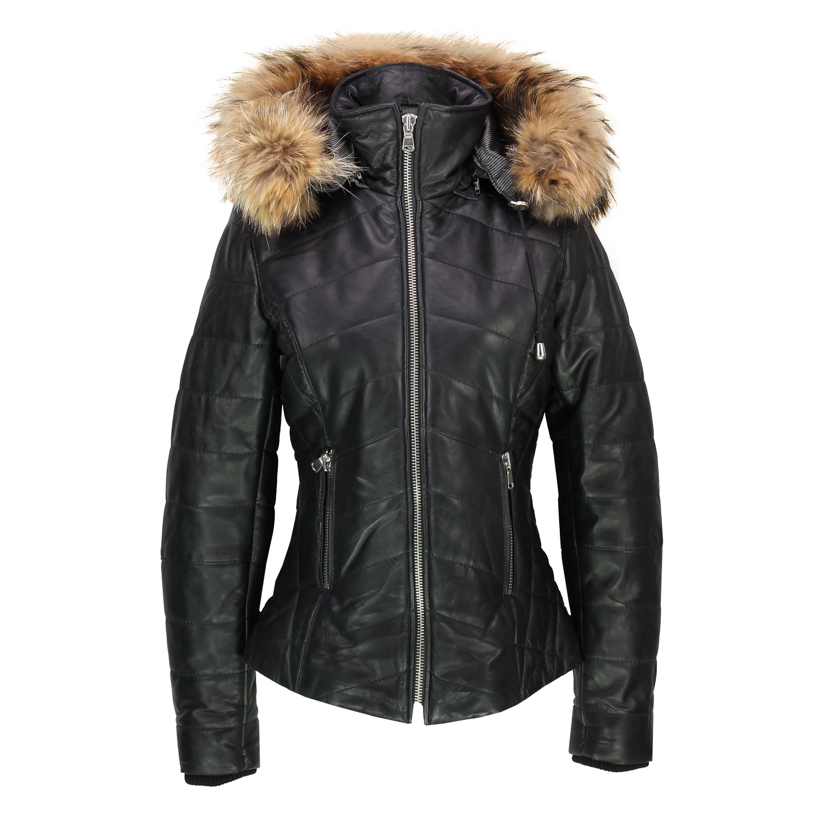 Ladies Black Real Leather Jacket Removable Hood Fur Trim Slim Fit Quilted Puffer