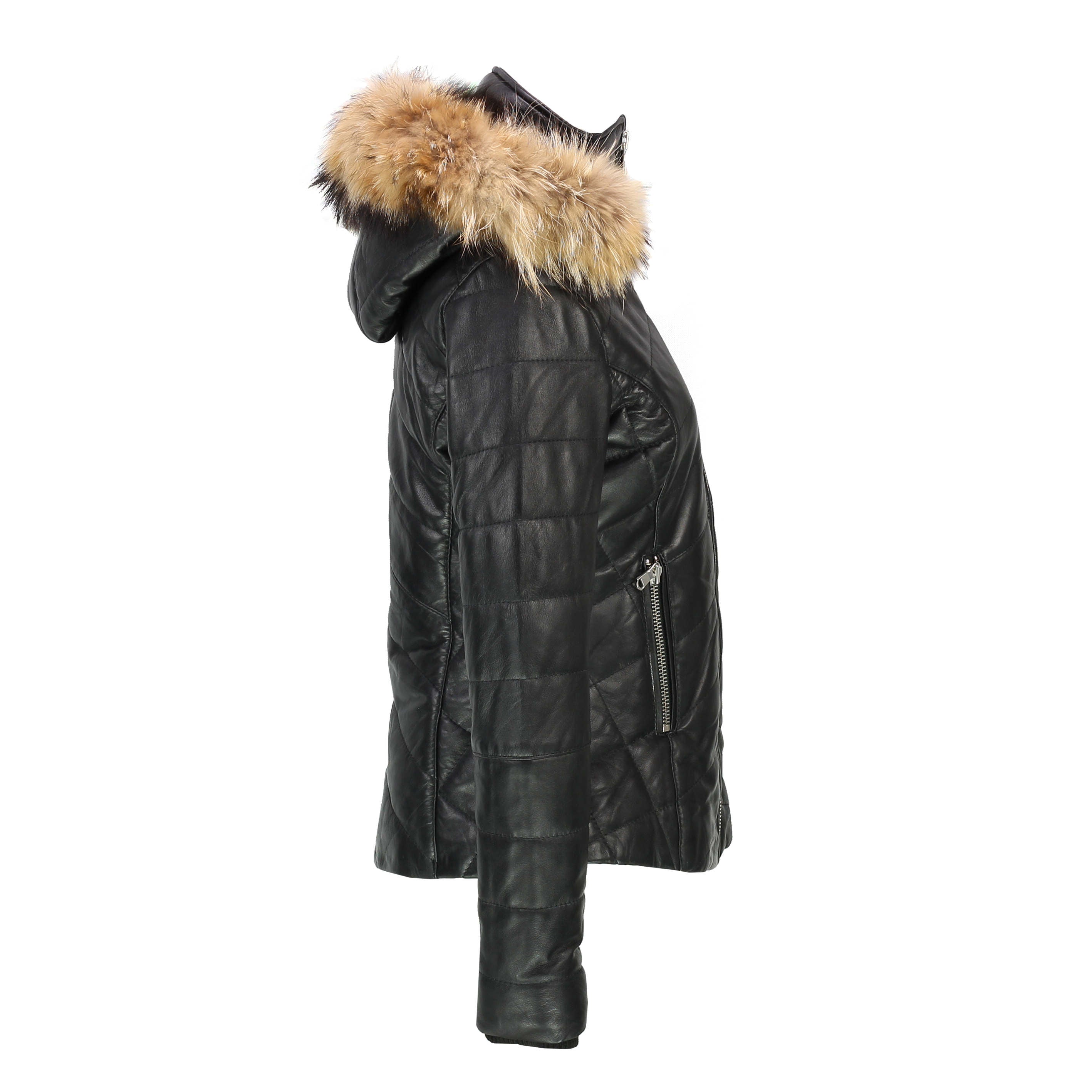 Ladies Black Real Leather Jacket Removable Hood Fur Trim Slim Fit Quilted Puffer