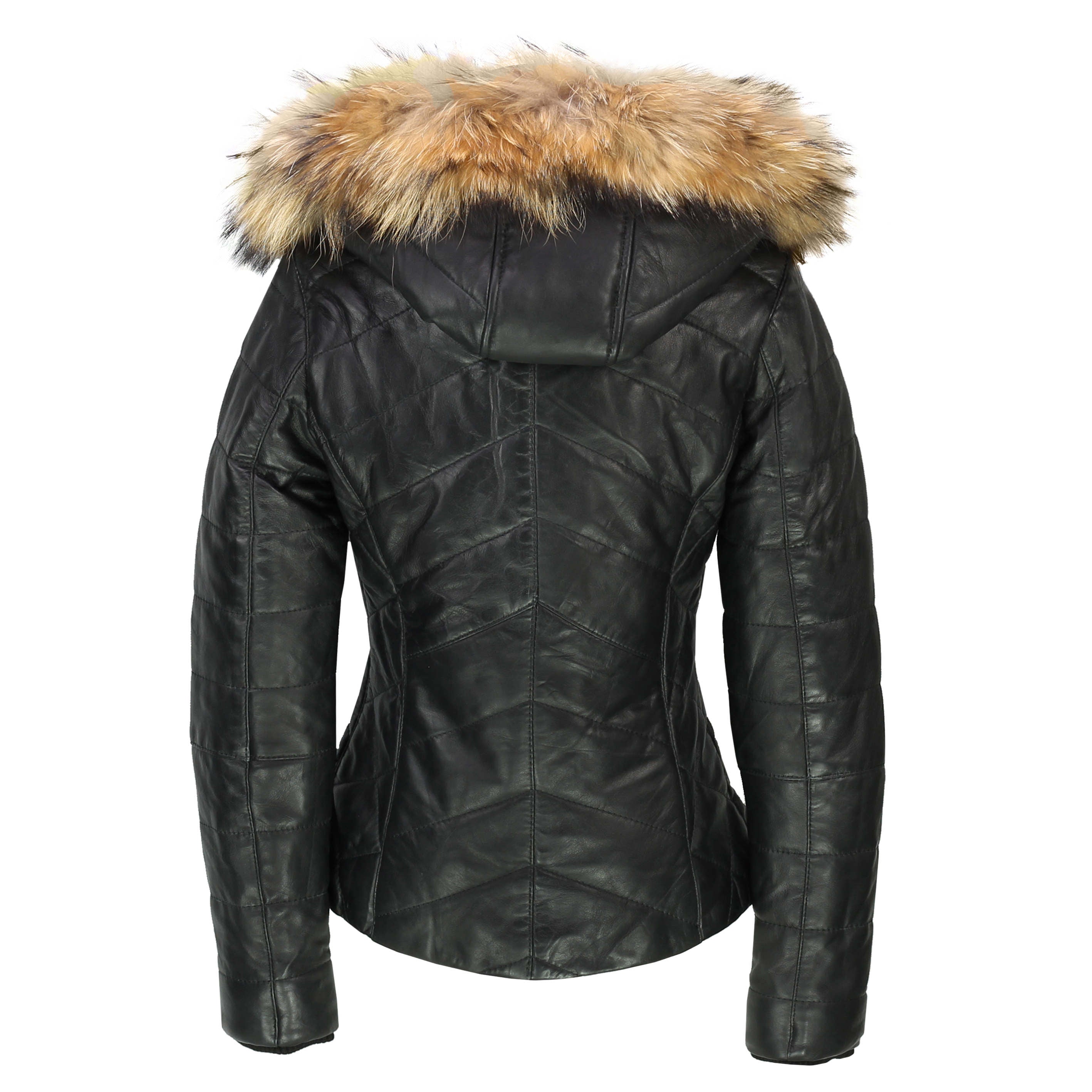 Ladies Black Real Leather Jacket Removable Hood Fur Trim Slim Fit Quilted Puffer