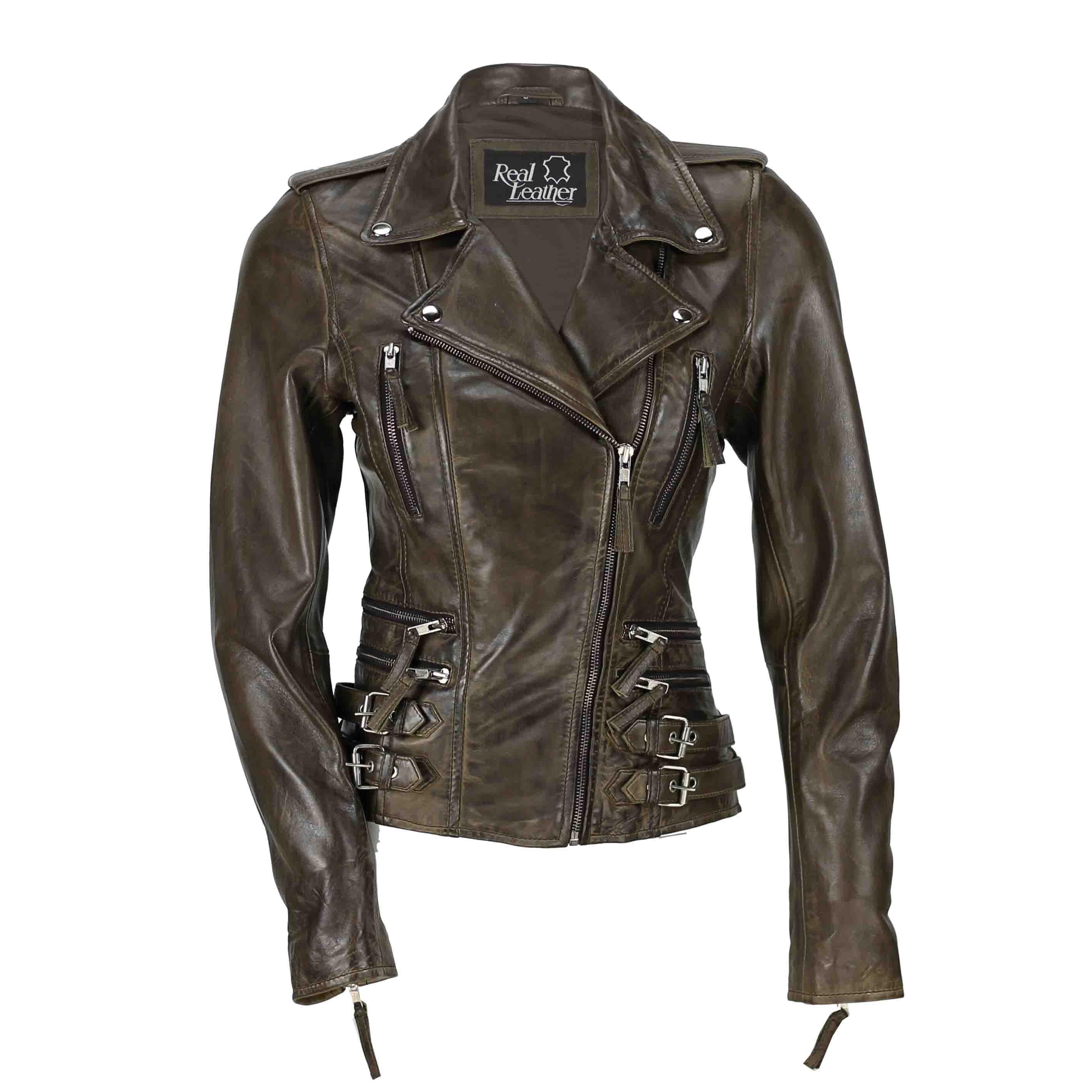 Fitted Leather Biker Jacket Brown