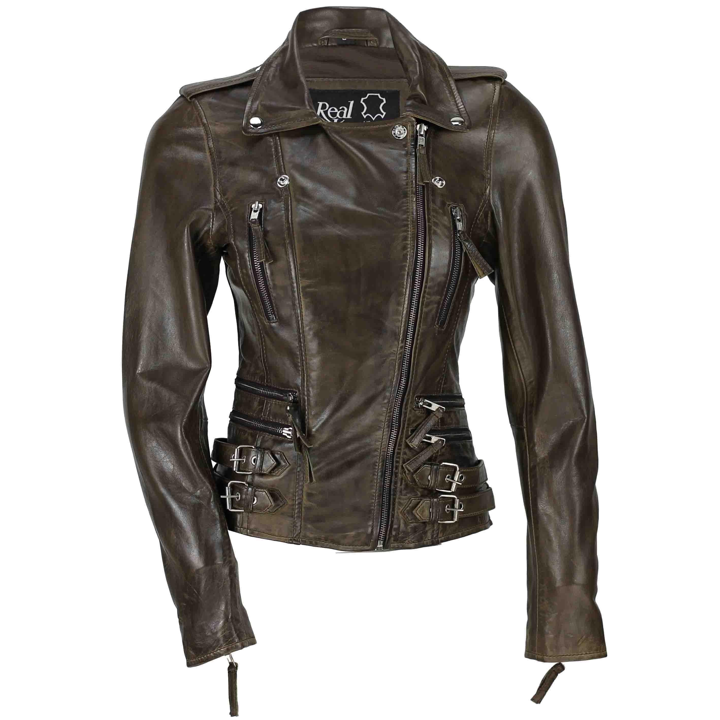 Fitted Leather Biker Jacket Brown