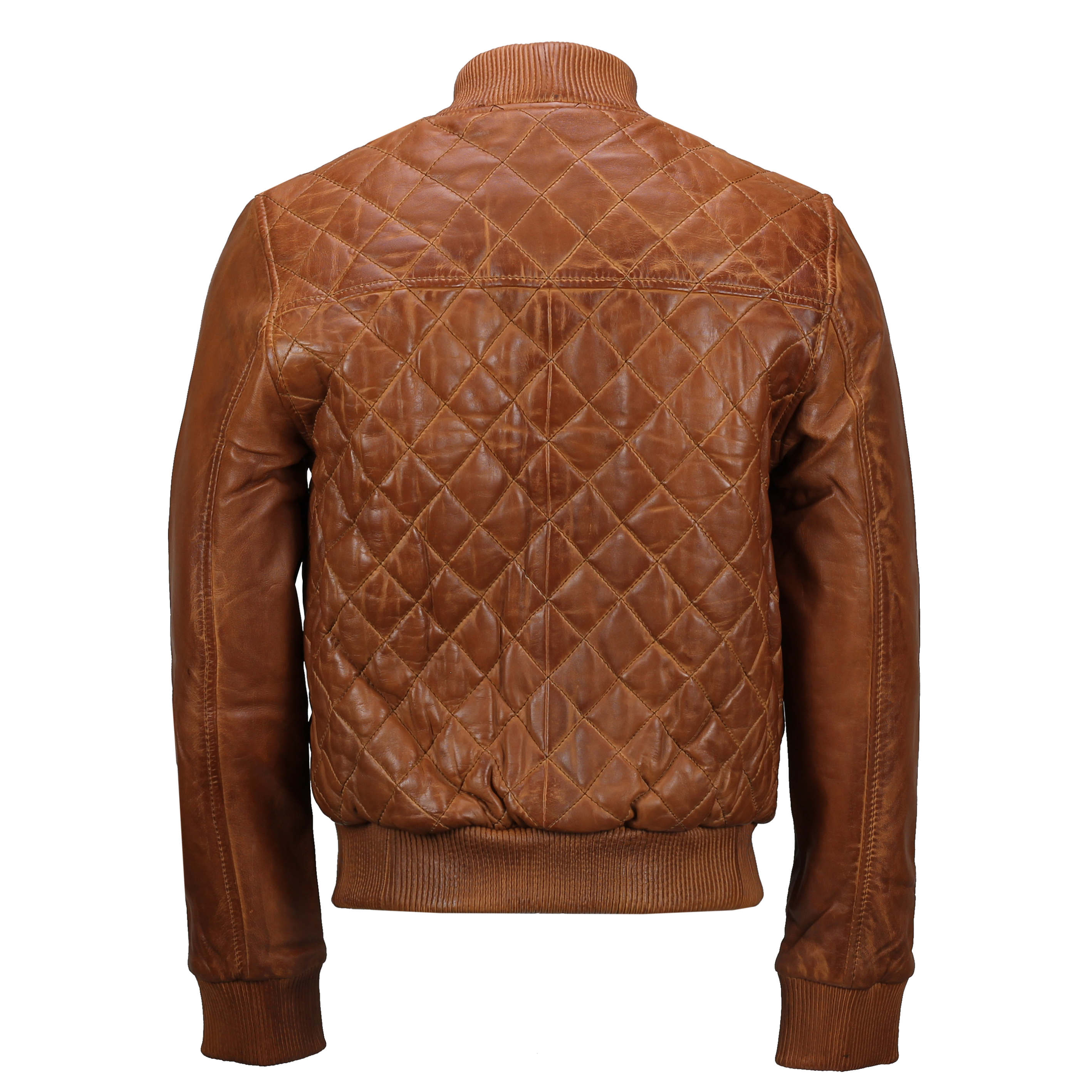 Mens Classic Tan Brown Real Leather Cross Quilted Bomber Jacket Vintage Biker