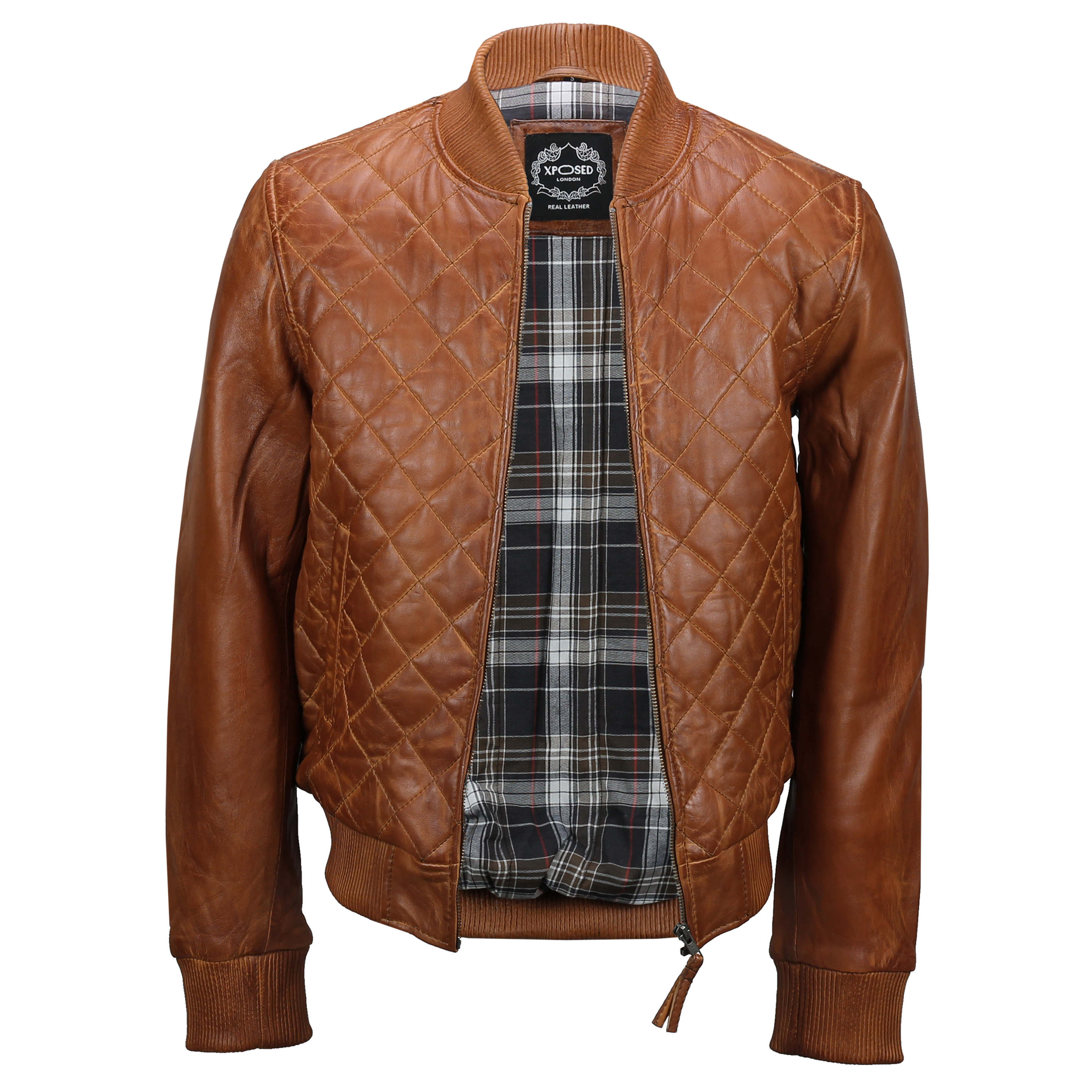 Mens Classic Tan Brown Real Leather Cross Quilted Bomber Jacket Vintage Biker