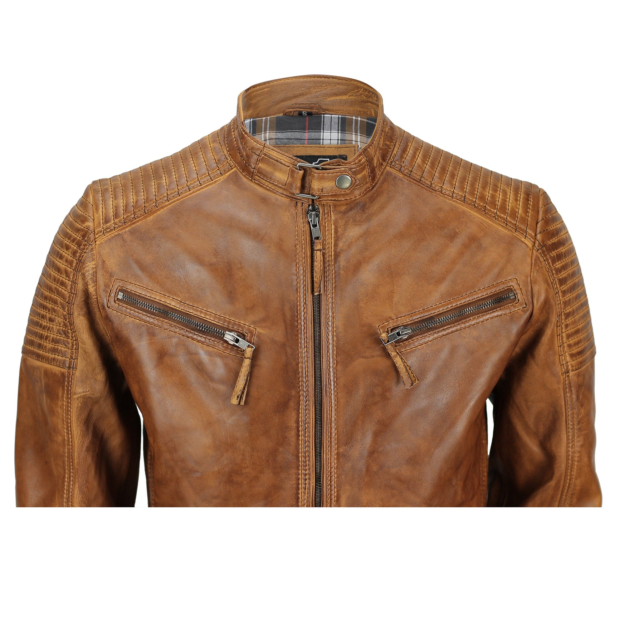 Mens Timber Tan Antique Washed Real Leather Vintage Biker Style Zipped Jacket