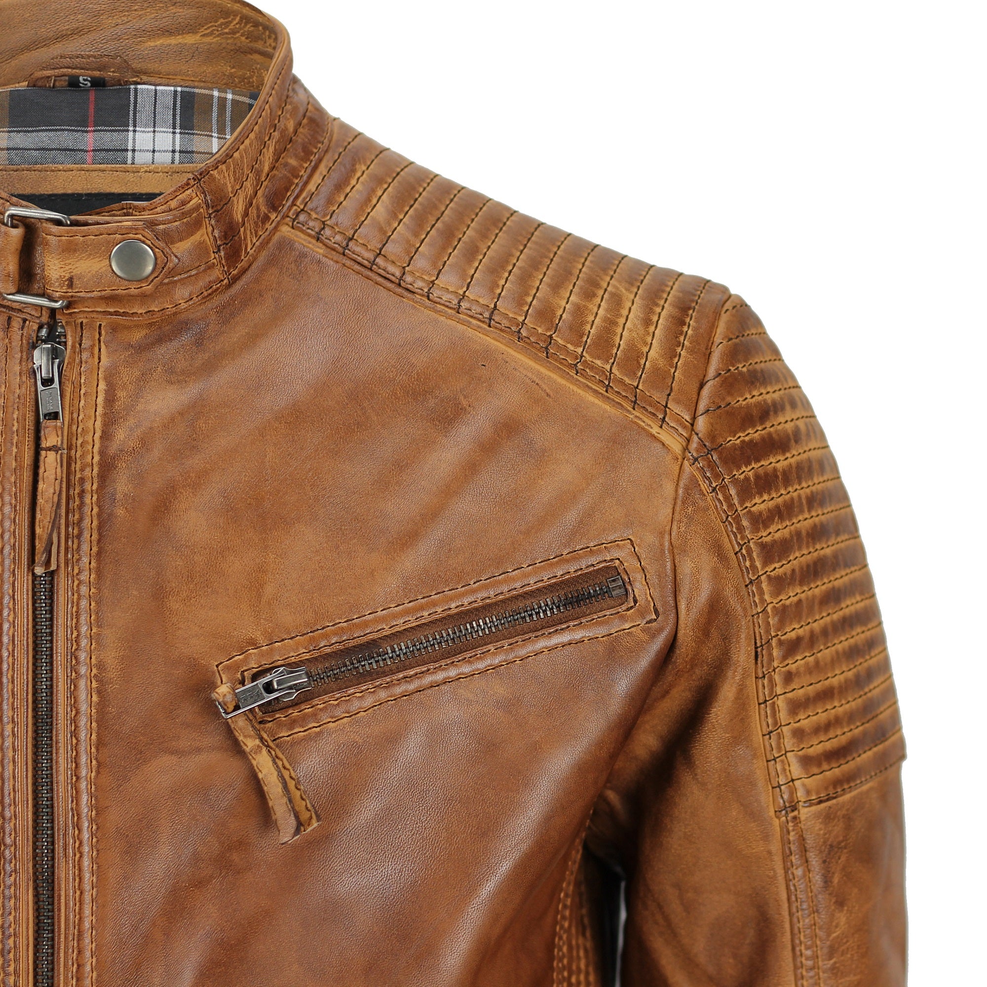 Mens Timber Tan Antique Washed Real Leather Vintage Biker Style Zipped Jacket