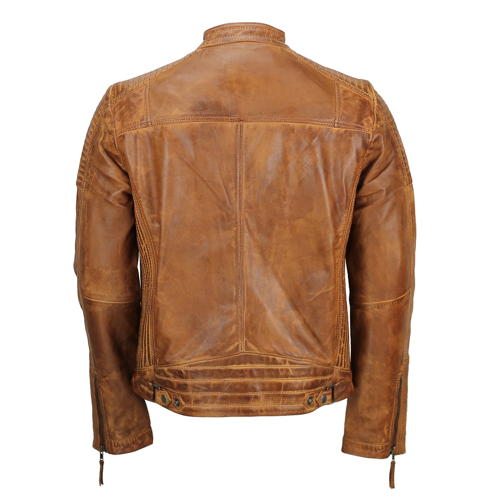 Mens Timber Tan Antique Washed Real Leather Vintage Biker Style Zipped Jacket