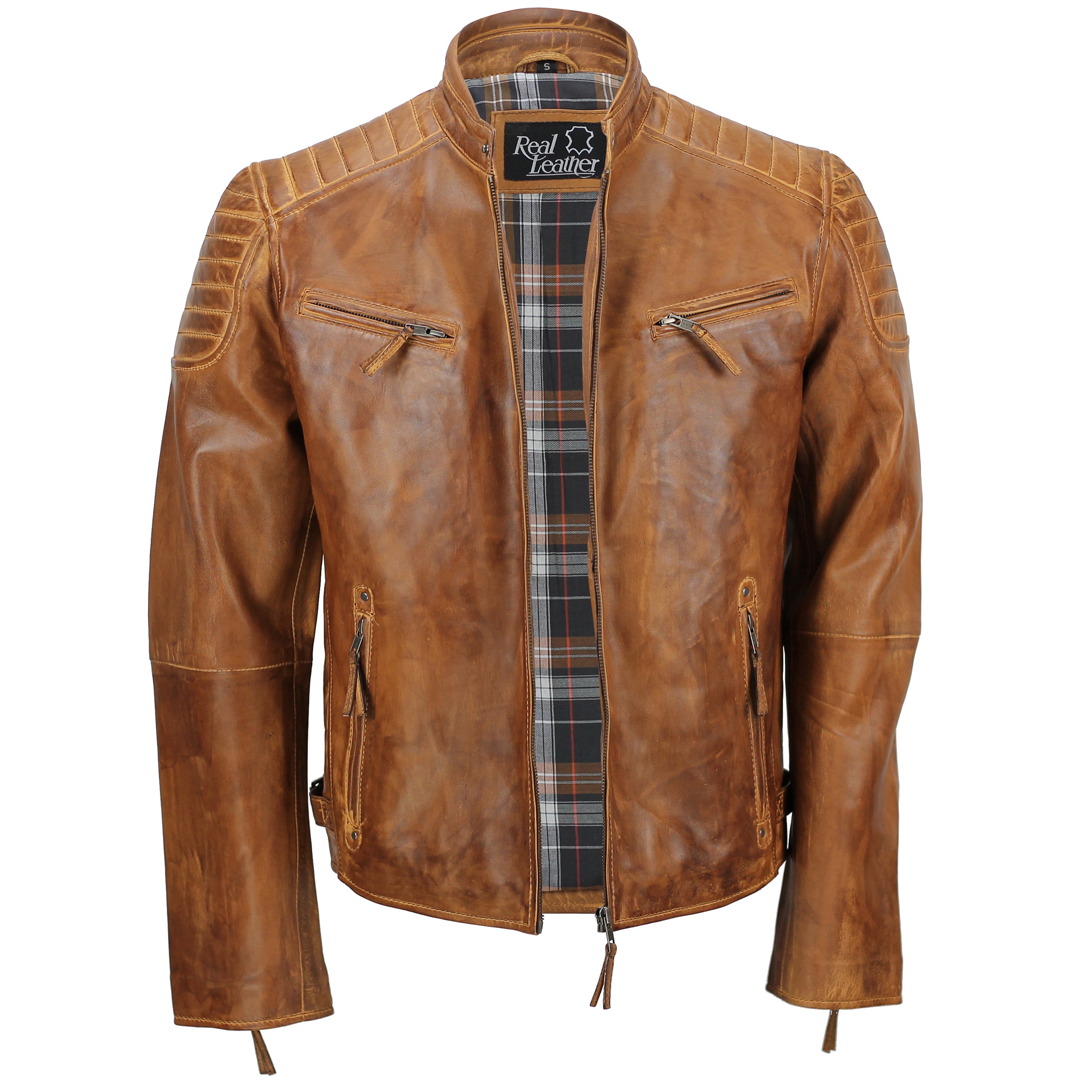 Mens Real Leather Slim Fit Antique Washed Tan Brown Retro Zip Biker Jacket