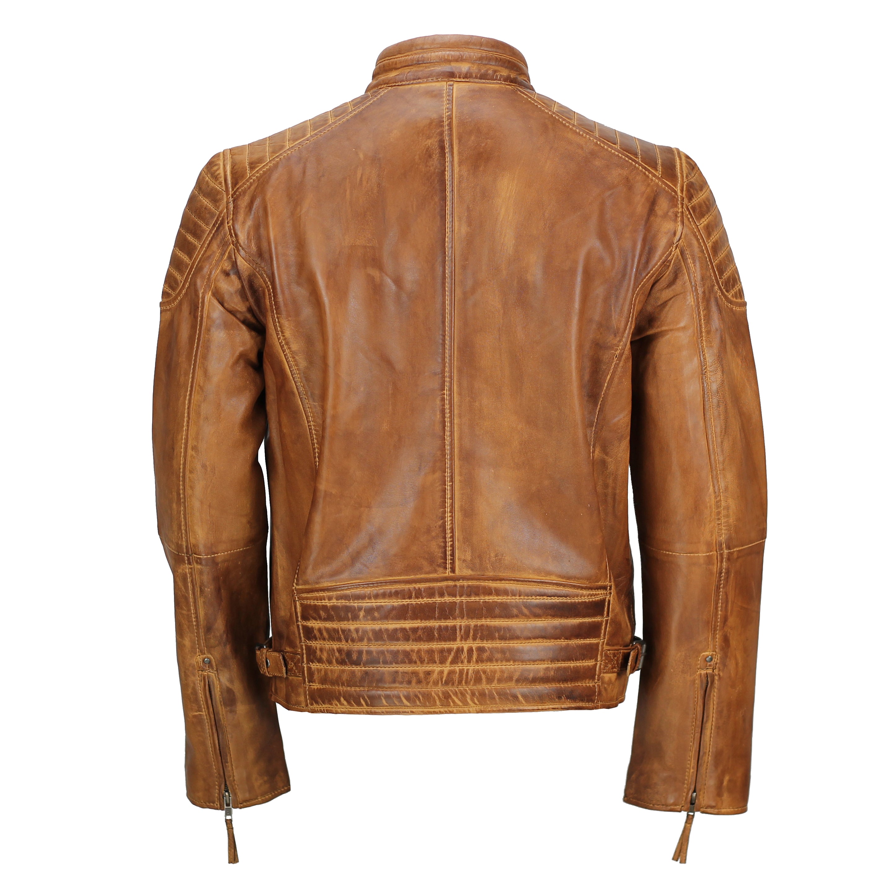 Mens Real Leather Slim Fit Antique Washed Tan Brown Retro Zip Biker Jacket