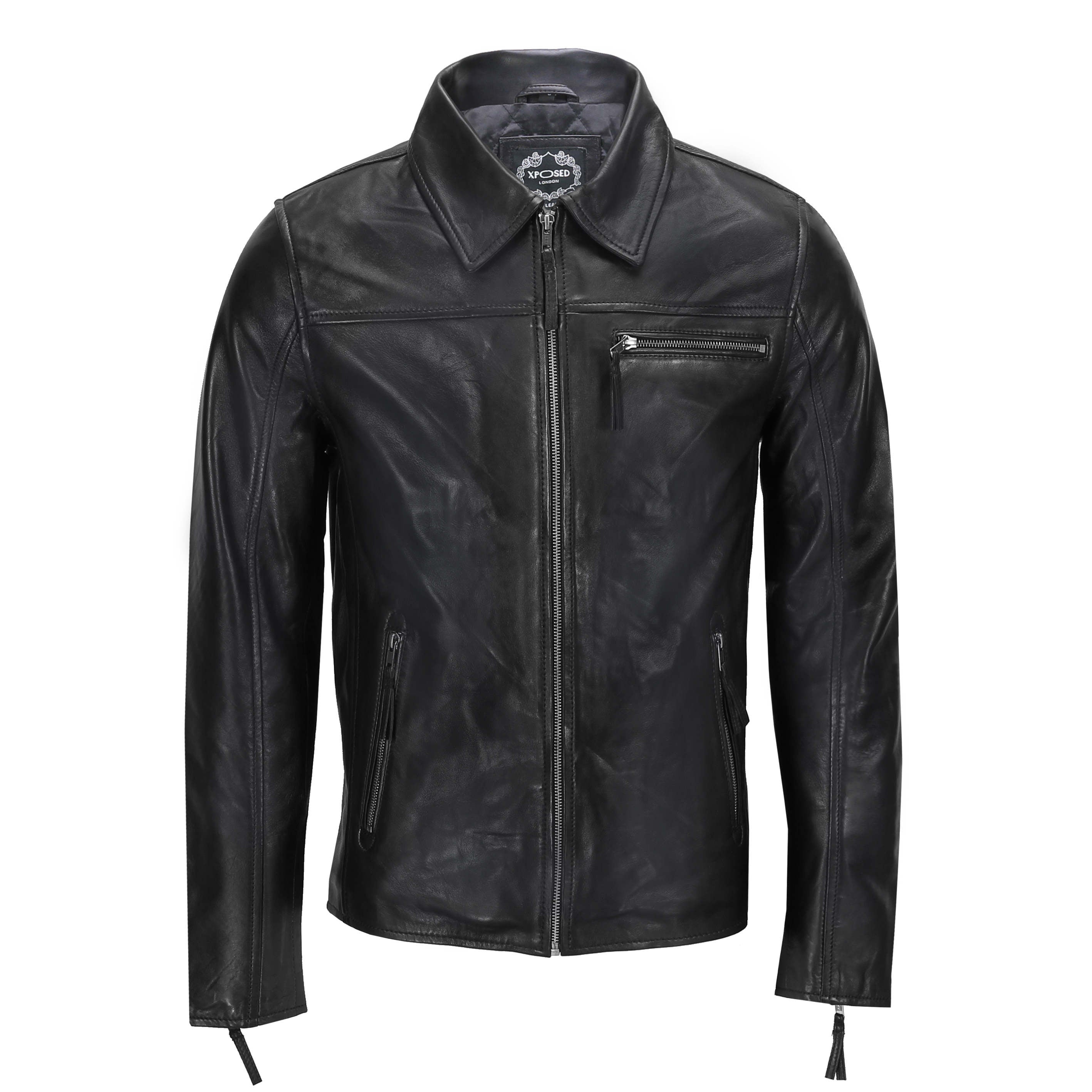 MEN'S COLLAR BIKER LEATHER JACKET IN BLACK