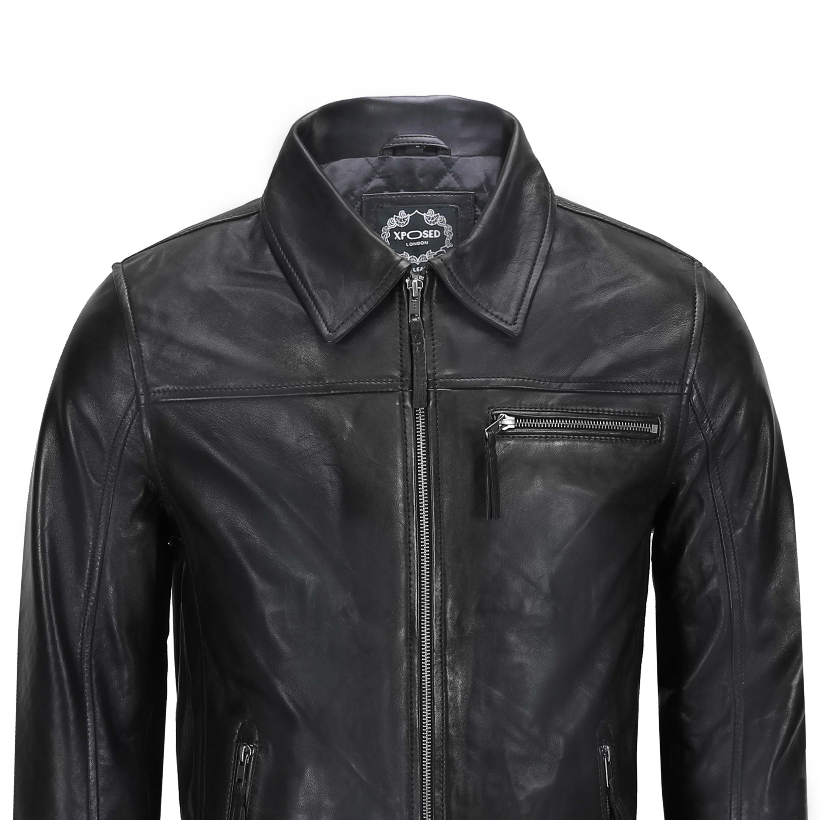 MEN'S COLLAR BIKER LEATHER JACKET IN BLACK