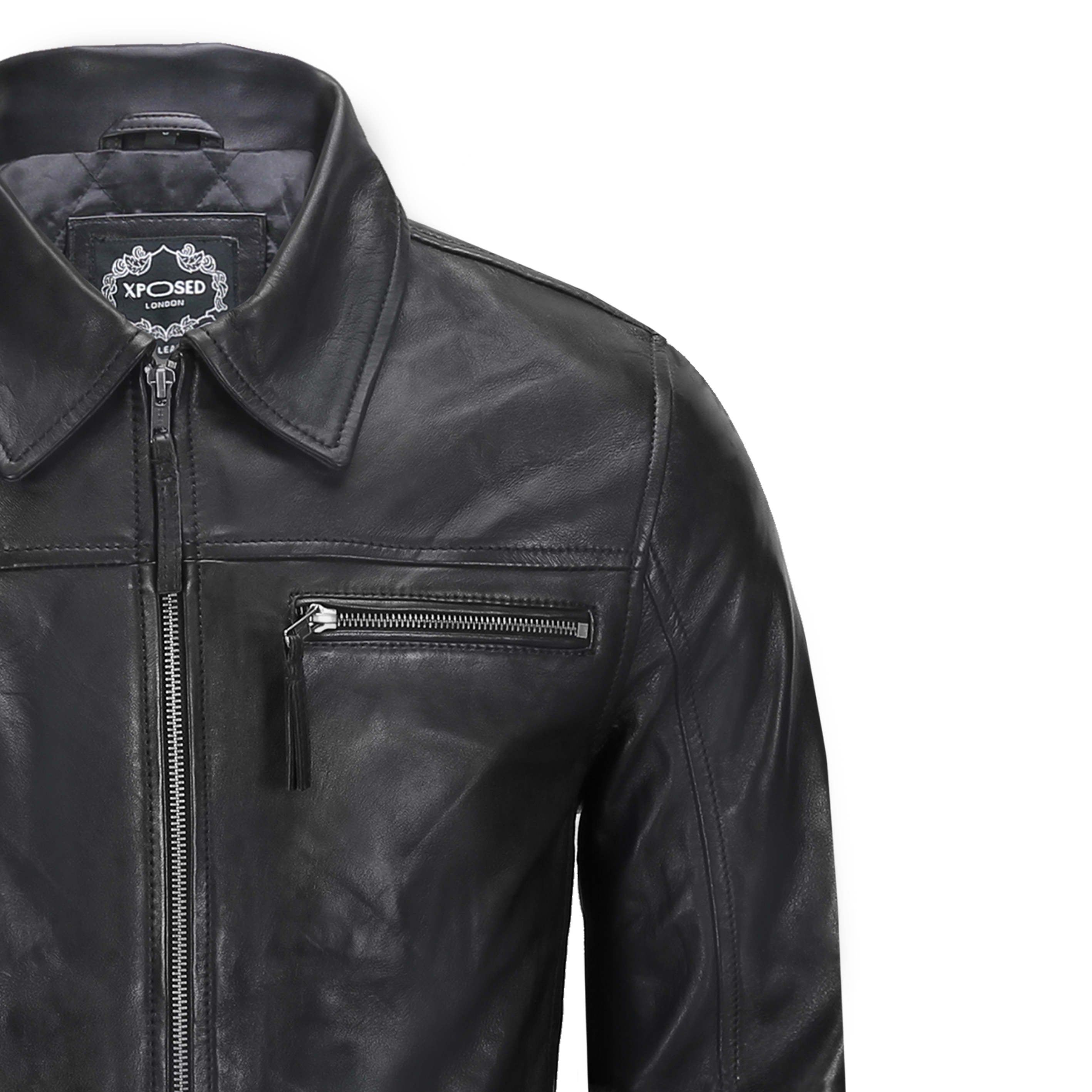 BLOUSON EN CUIR COL MOTARD POUR HOMME NOIR
