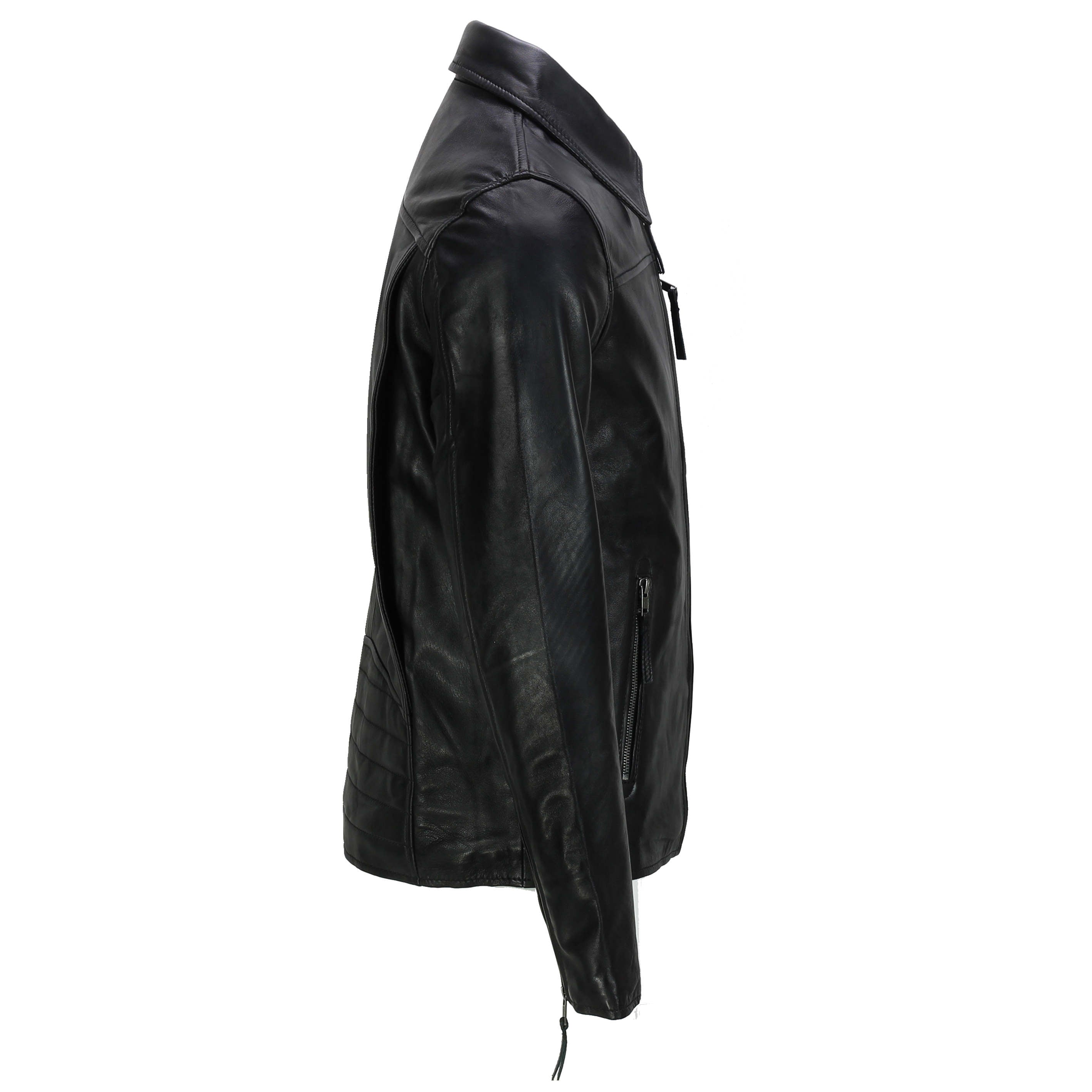 MEN'S COLLAR BIKER LEATHER JACKET IN BLACK