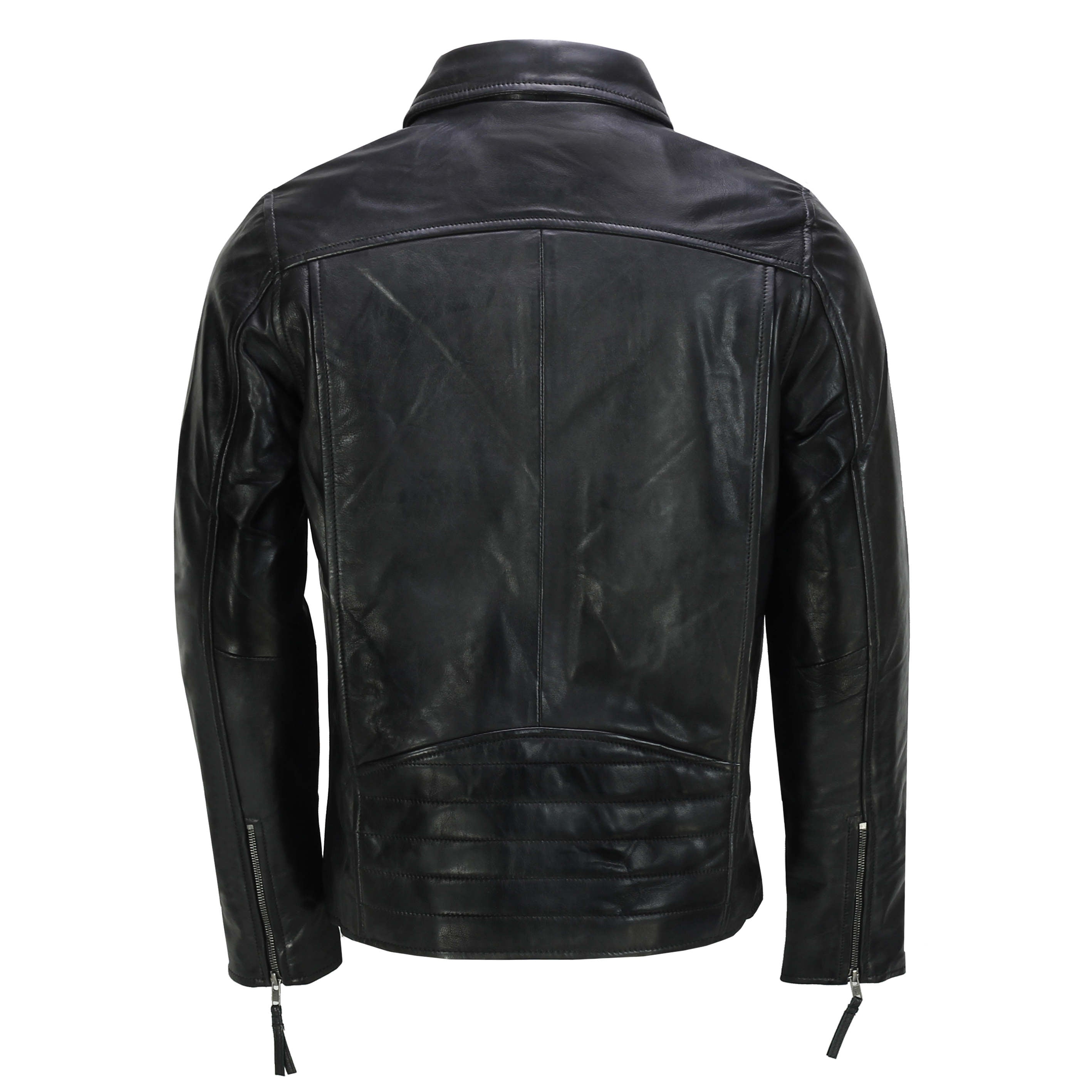 MEN'S COLLAR BIKER LEATHER JACKET IN BLACK