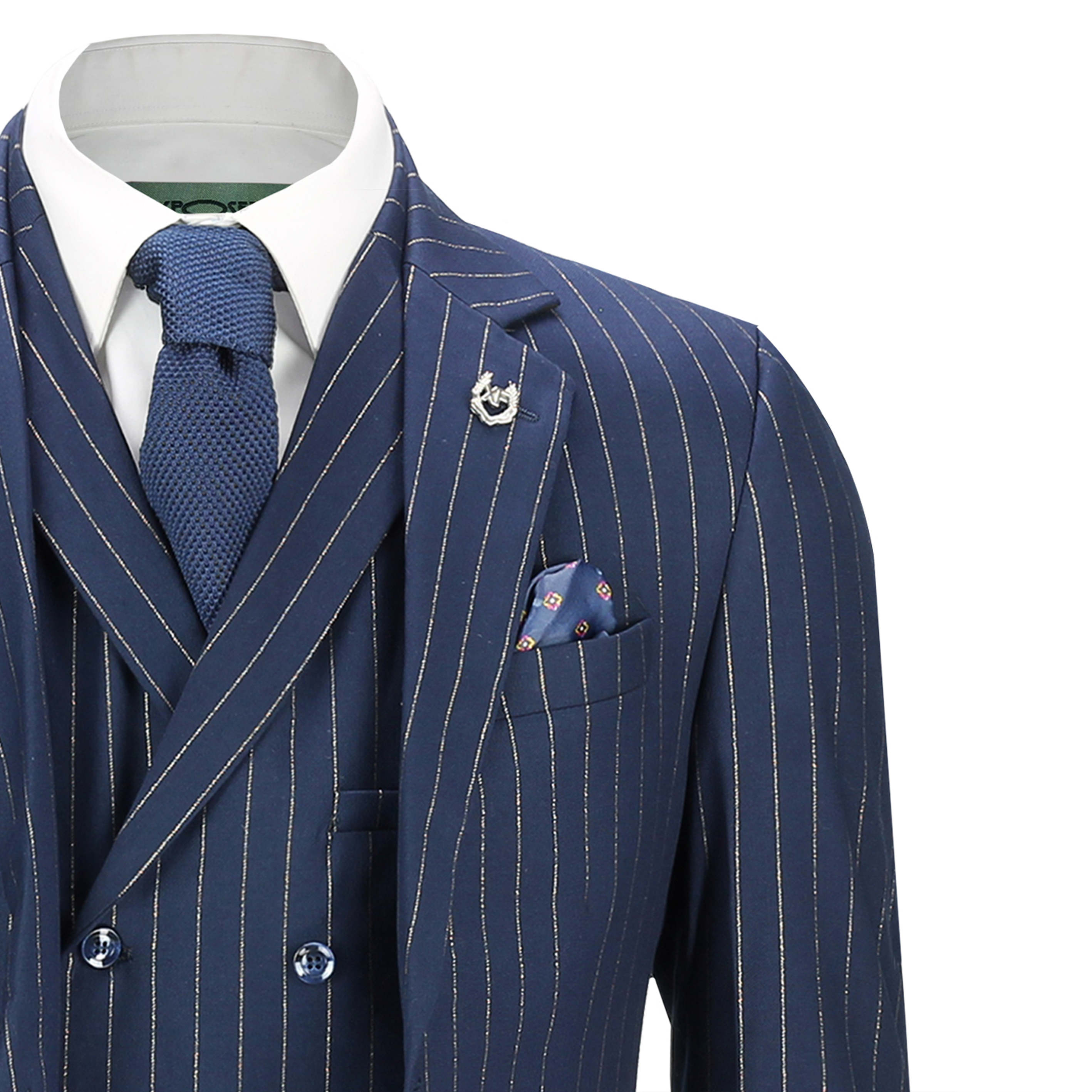 Mens 3 Piece Navy Blue Pin Stripe Suit Gold Lines Smart Retro Party Tailored Fit