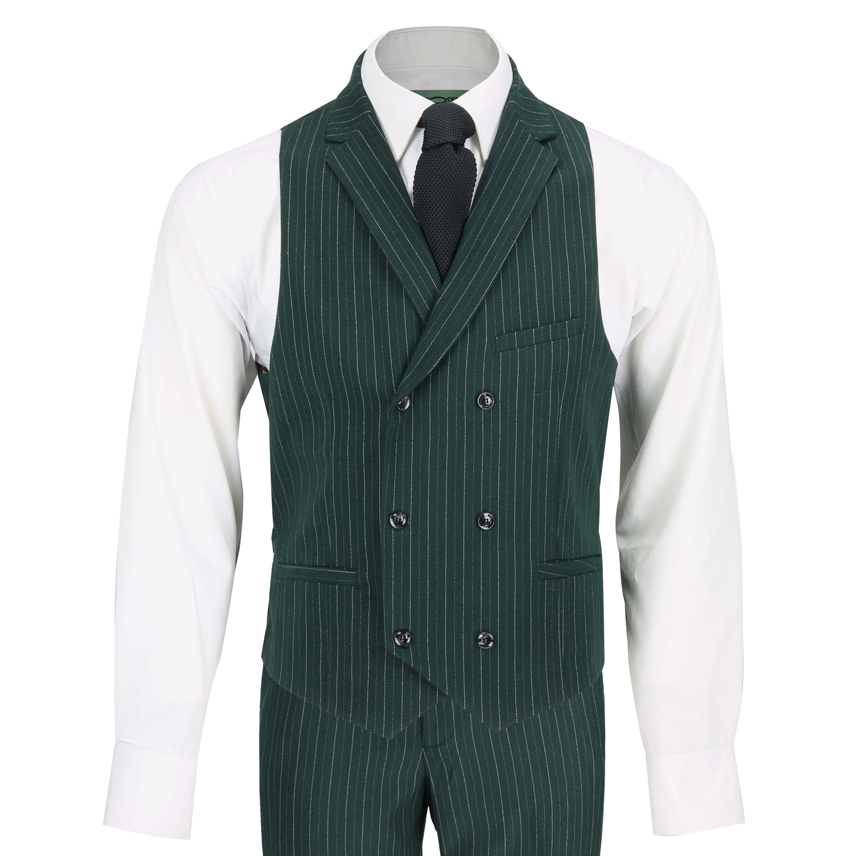 Mens 3 Piece Suit Green Pinstripe 1920S Tailored Fit Jacket Trouser Waistcoat