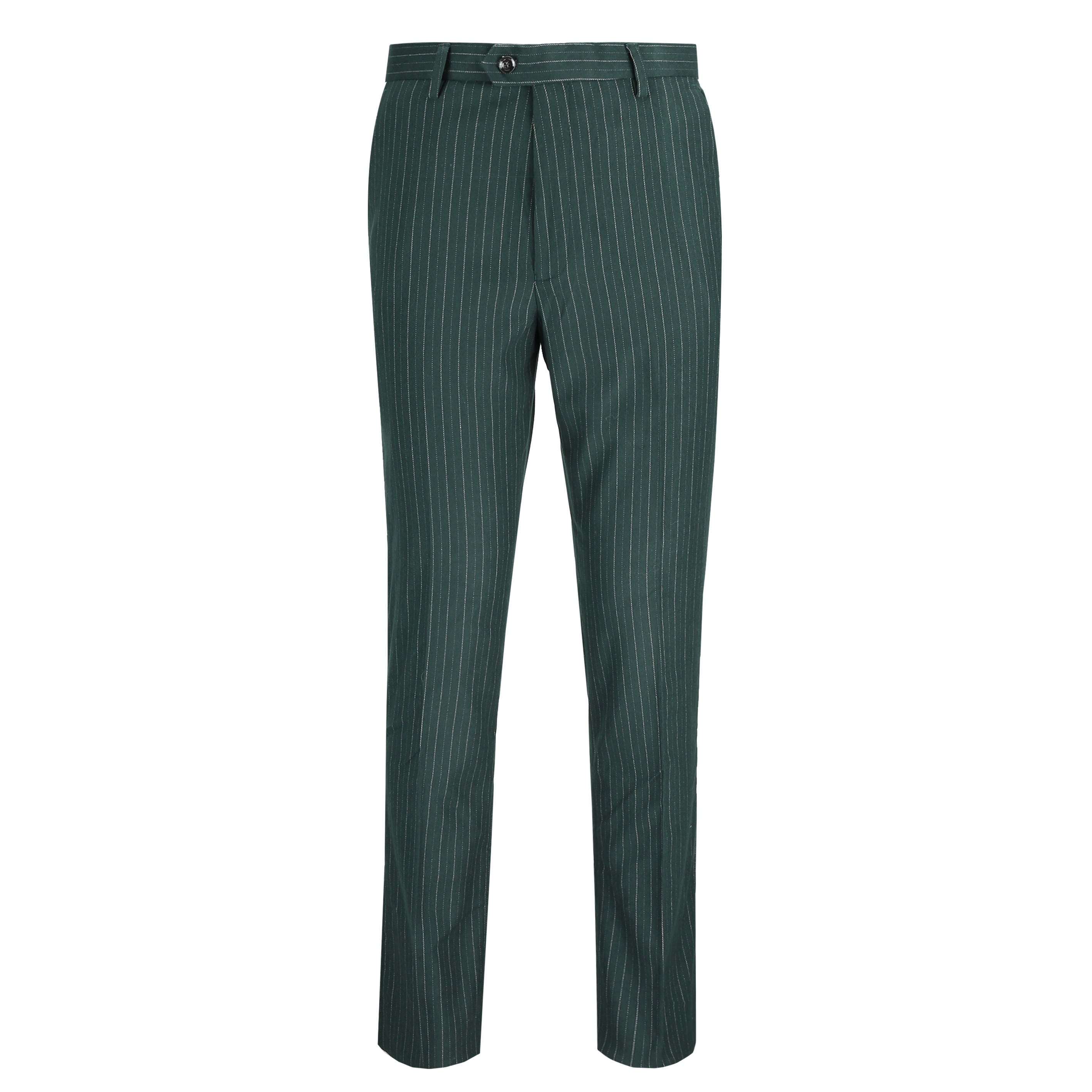 Mens 3 Piece Suit Green Pinstripe 1920S Tailored Fit Jacket Trouser Waistcoat