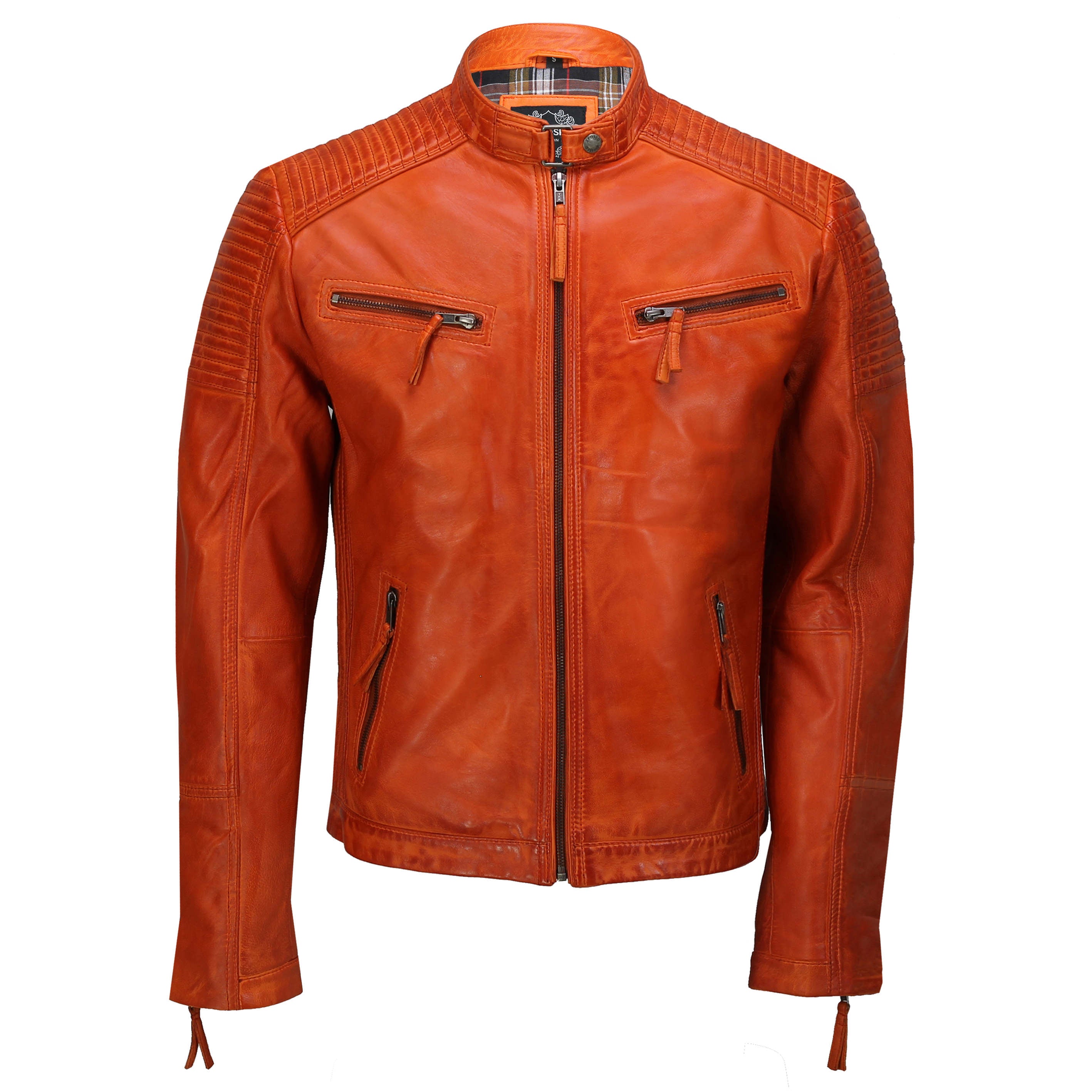 Mens Leather Orange Biker Jacket
