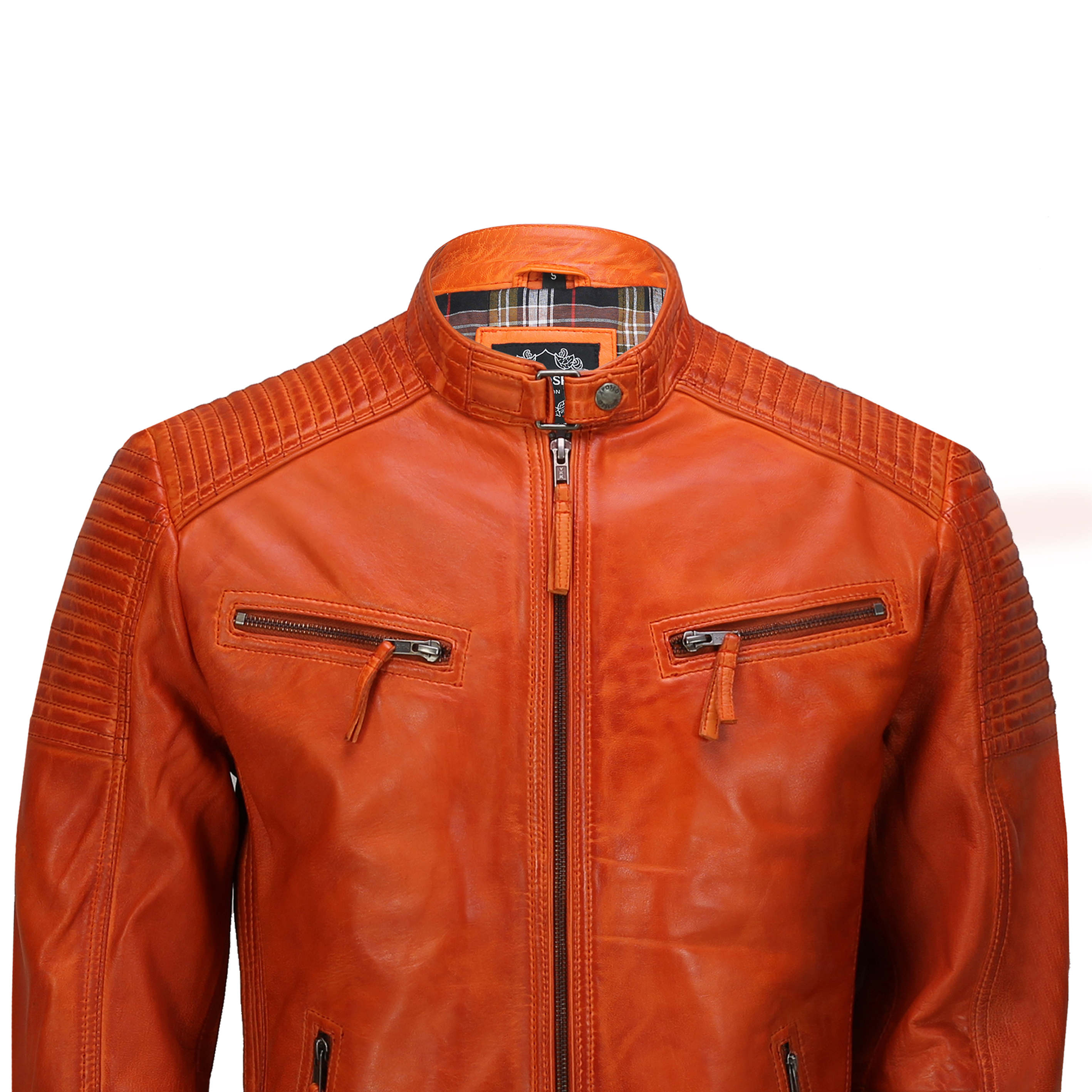 Mens Leather Orange Biker Jacket