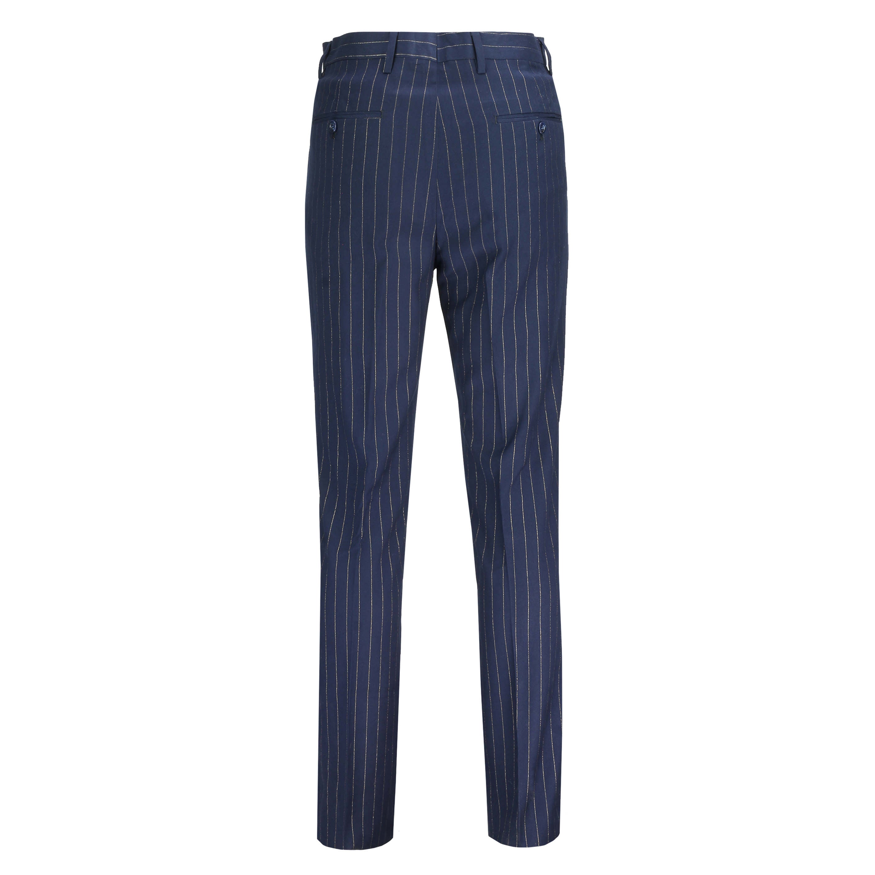 Mens Navy Blue Pin Stripe Gold Lines Smart Retro Tailored Fit Trouser