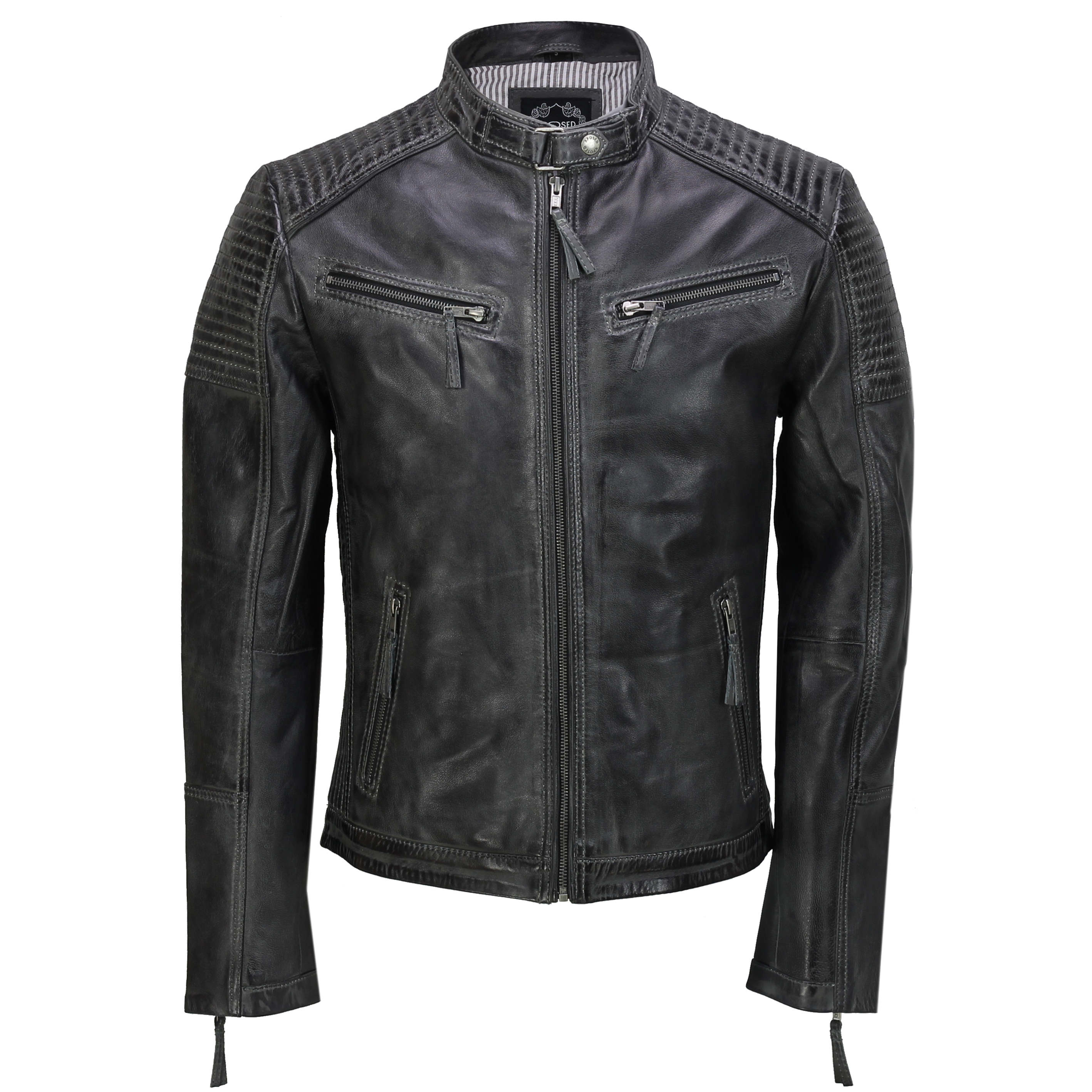 Mens Leather Grey Biker Jacket