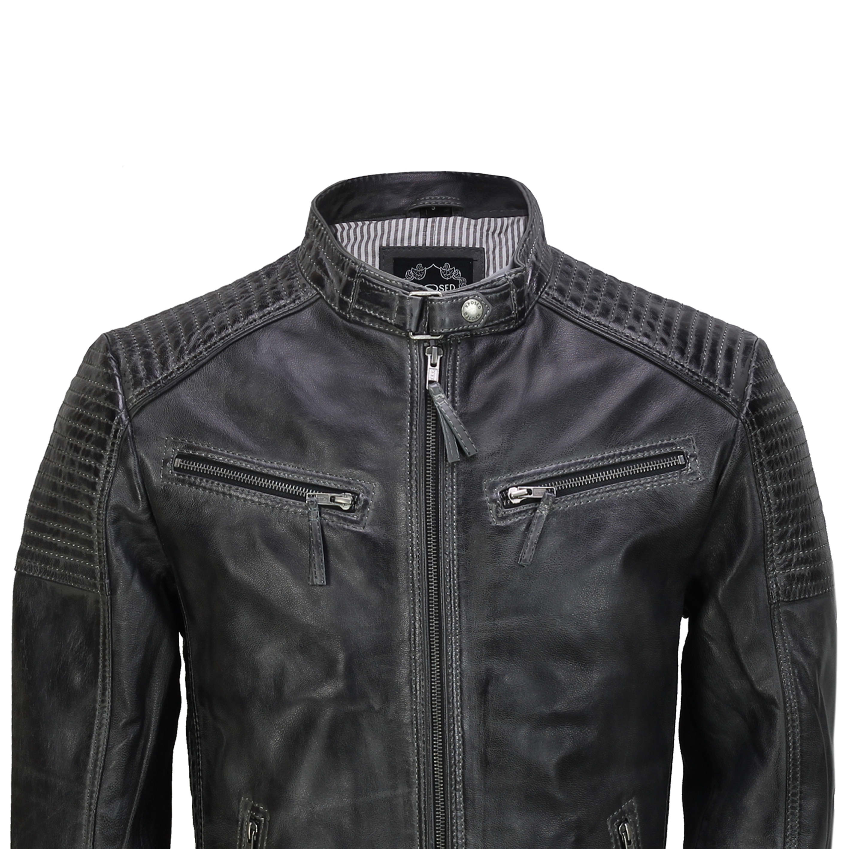 Mens Leather Grey Biker Jacket