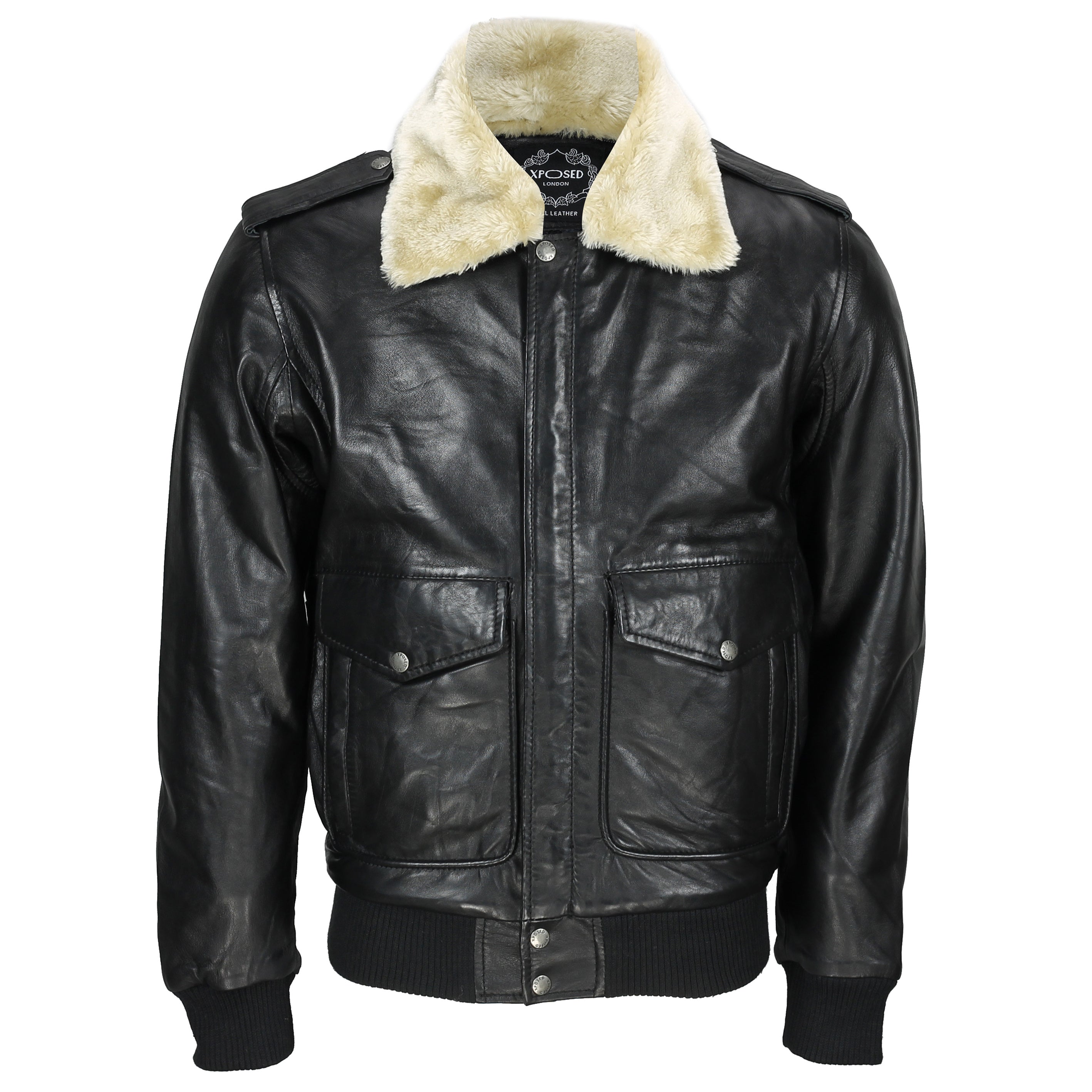 Mens Real Leather Us Air Pilot Bomber Jacket Removable Fur Collar Black