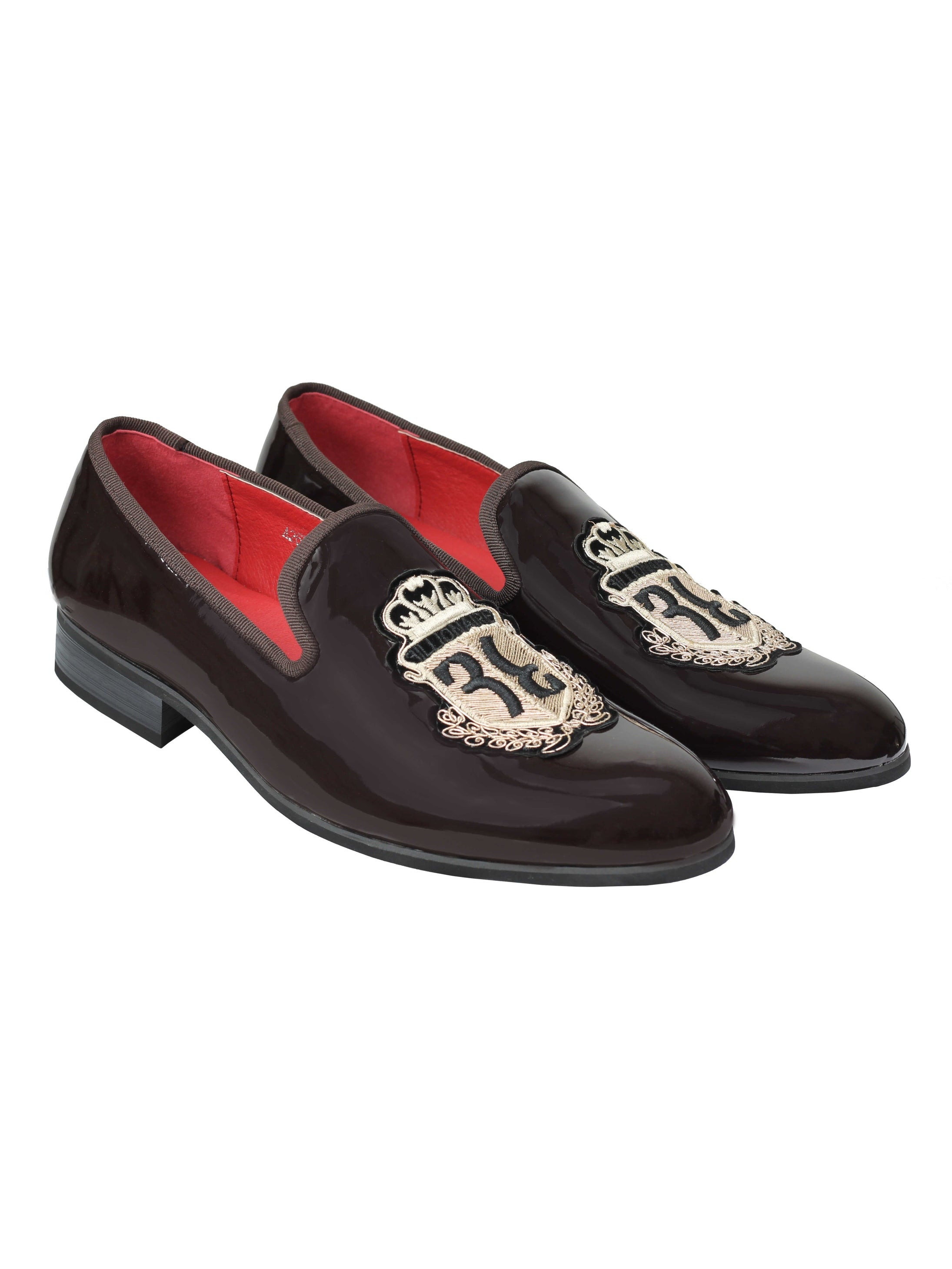 Mens Loafers Patent Shiny Faux Leather Retro Gold Crest Slip On Wedding Shoes Coffee
