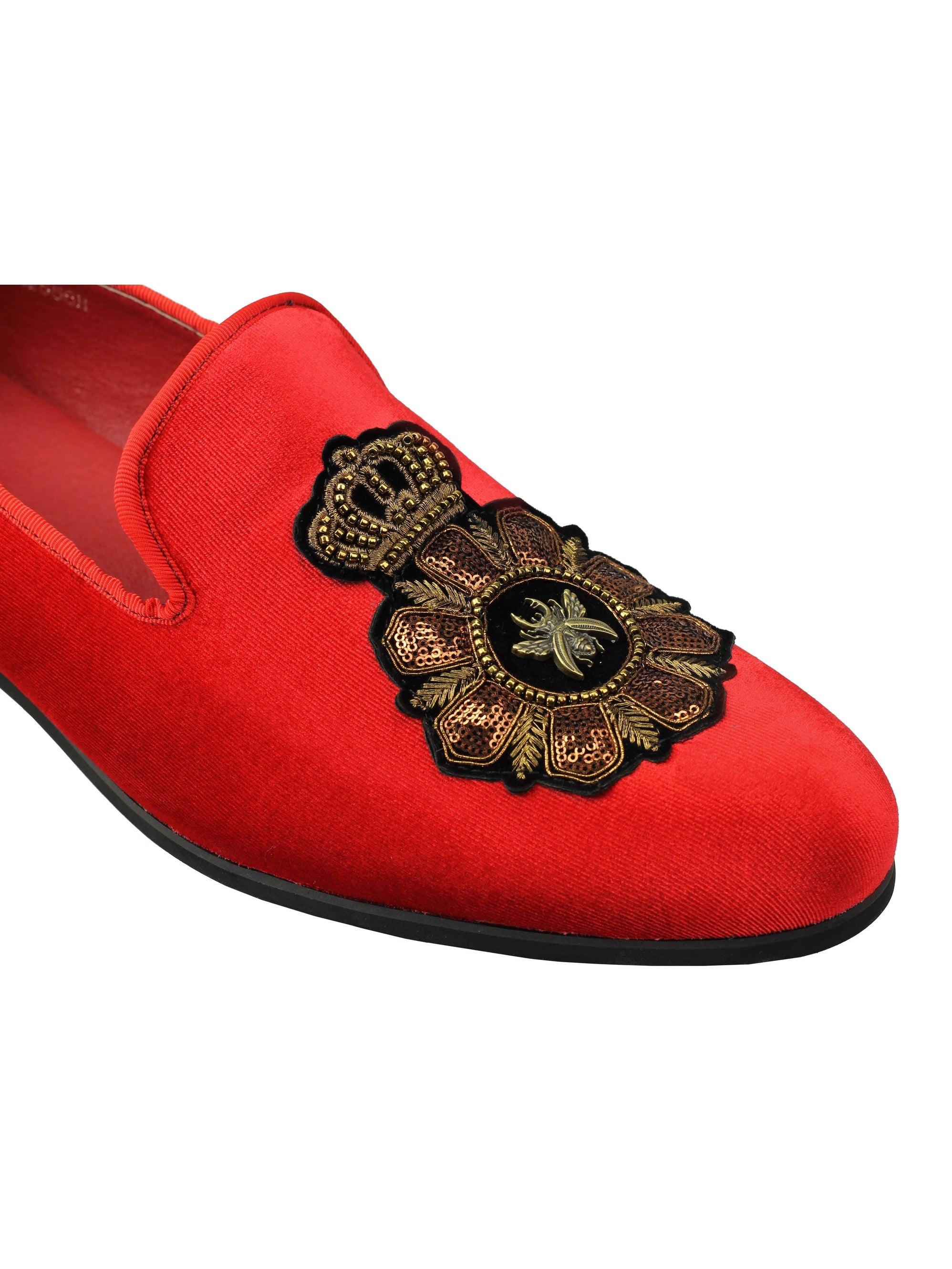 Mens Velvet Loafers Bee Crown Embroidered Vintage Dress Shoes Slip On Slippers Red