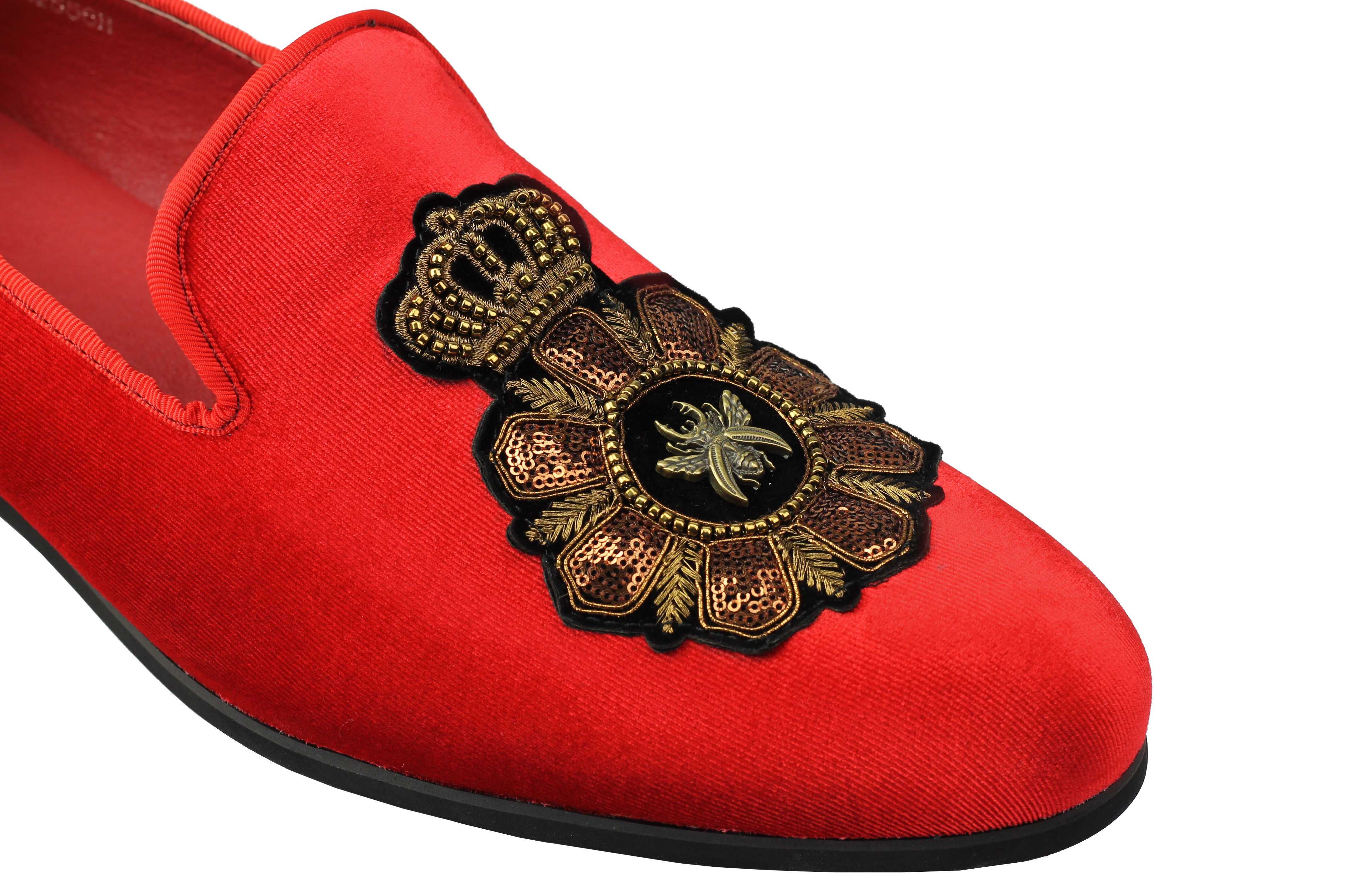 Mens Velvet Loafers Bee Crown Embroidered Vintage Dress Shoes Slip On Slippers Red