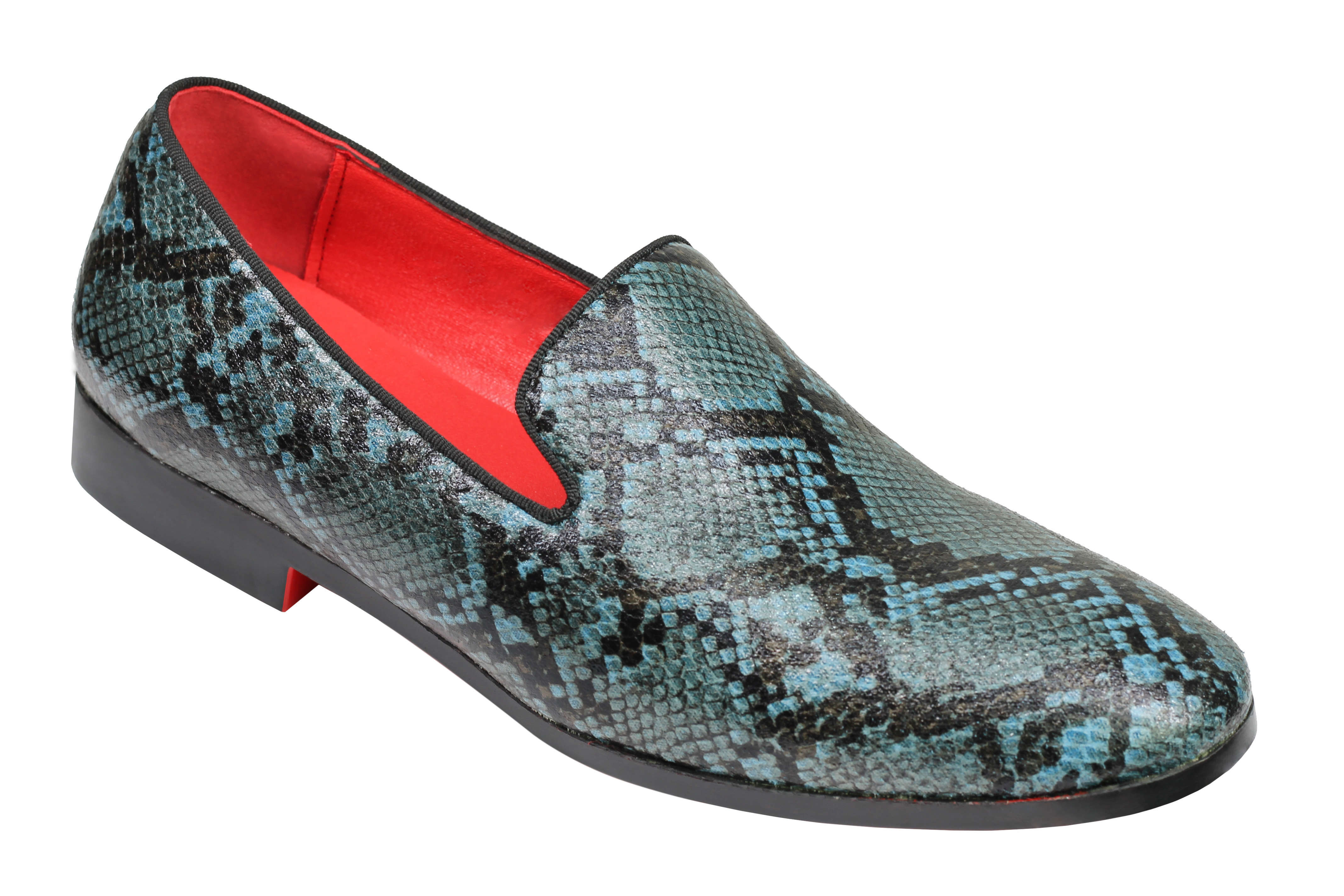 Mens Faux Leather Blue Black Python Skin Print Effect Loafer Slip On Dress Shoes