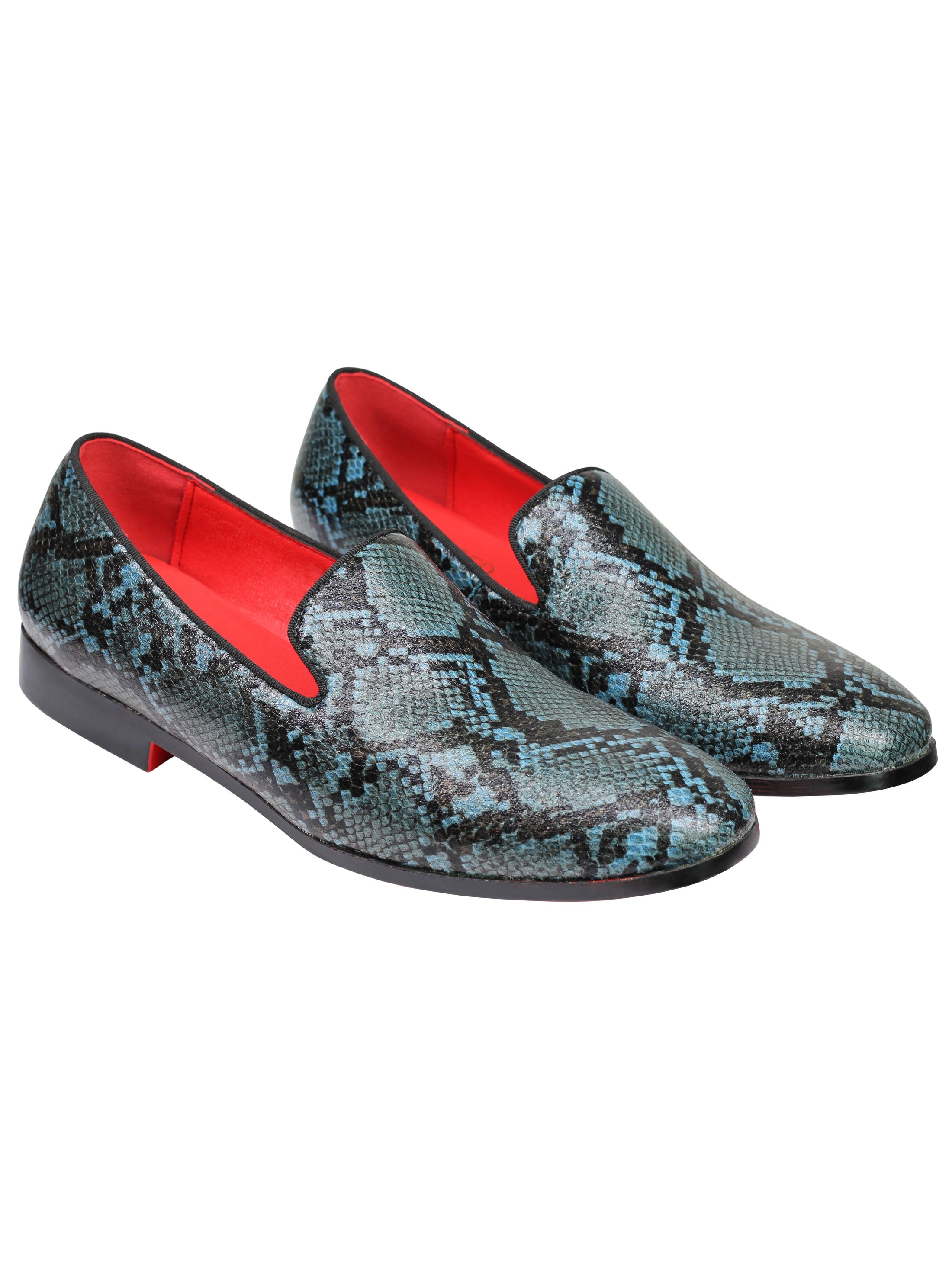 Mens Faux Leather Blue Black Python Skin Print Effect Loafer Slip On Dress Shoes