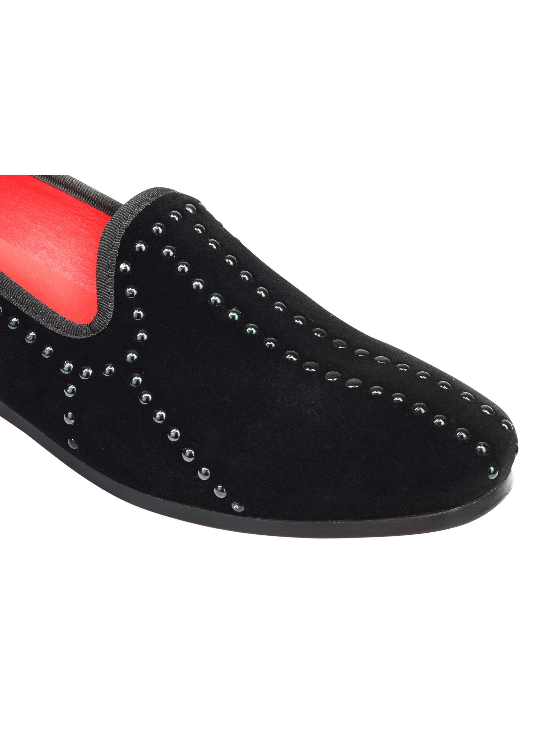 Mens Black Suede Loafers Faux Leather Studs Retro Smoking Slippers Slip On Shoes