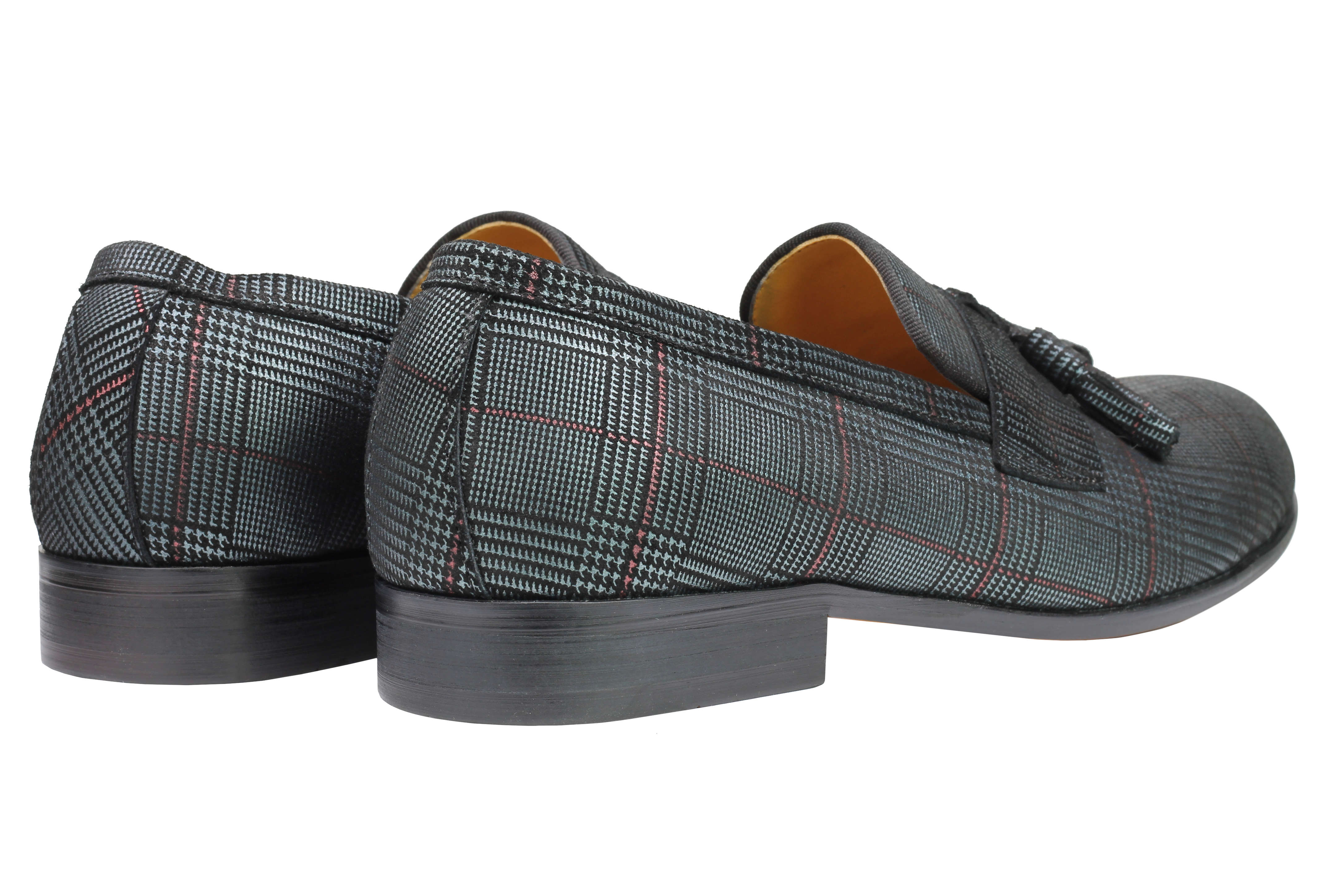 Real Blue Tweed Check Leather Loafers Black