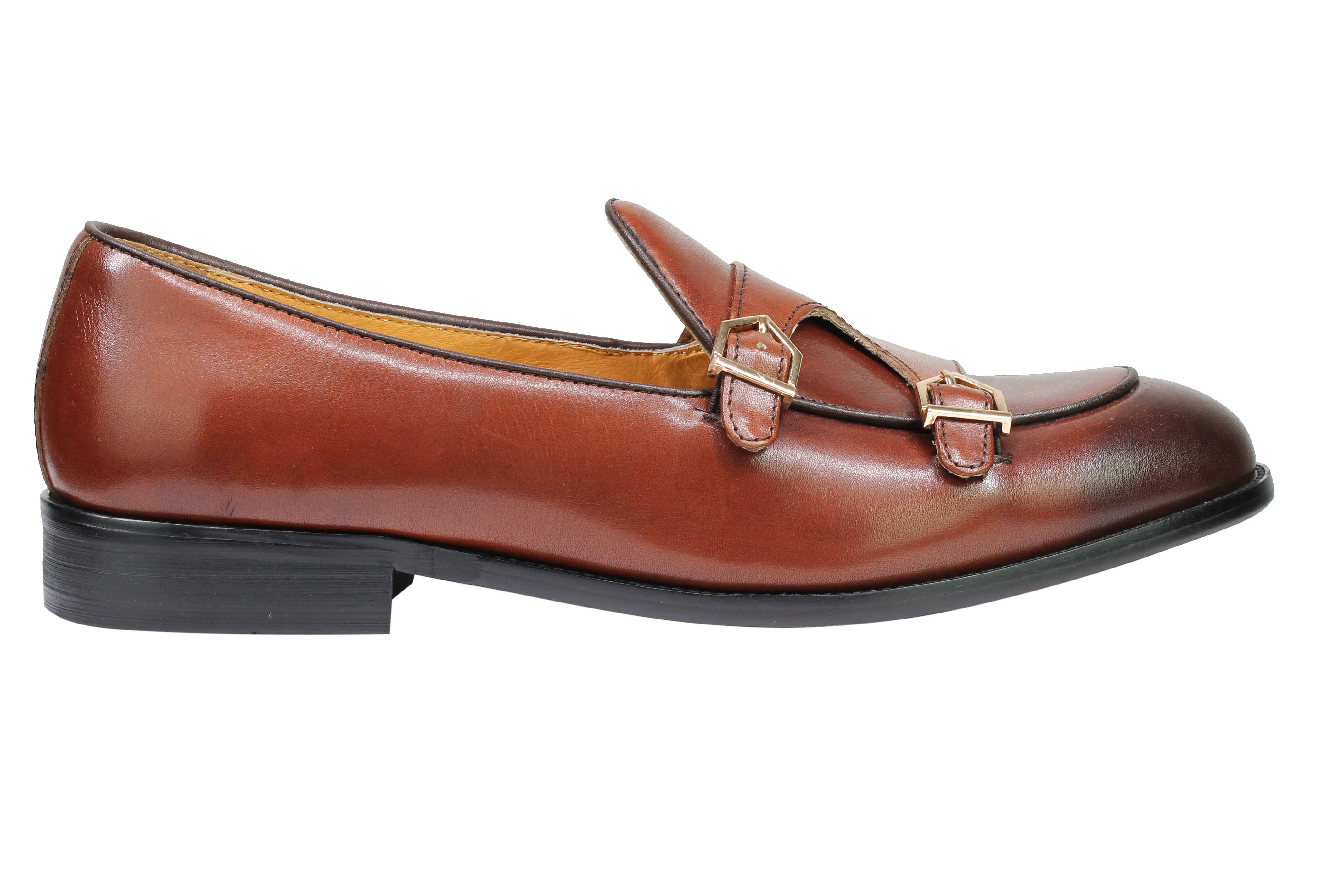 Real Leather Double Monk Retro Loafers Brown
