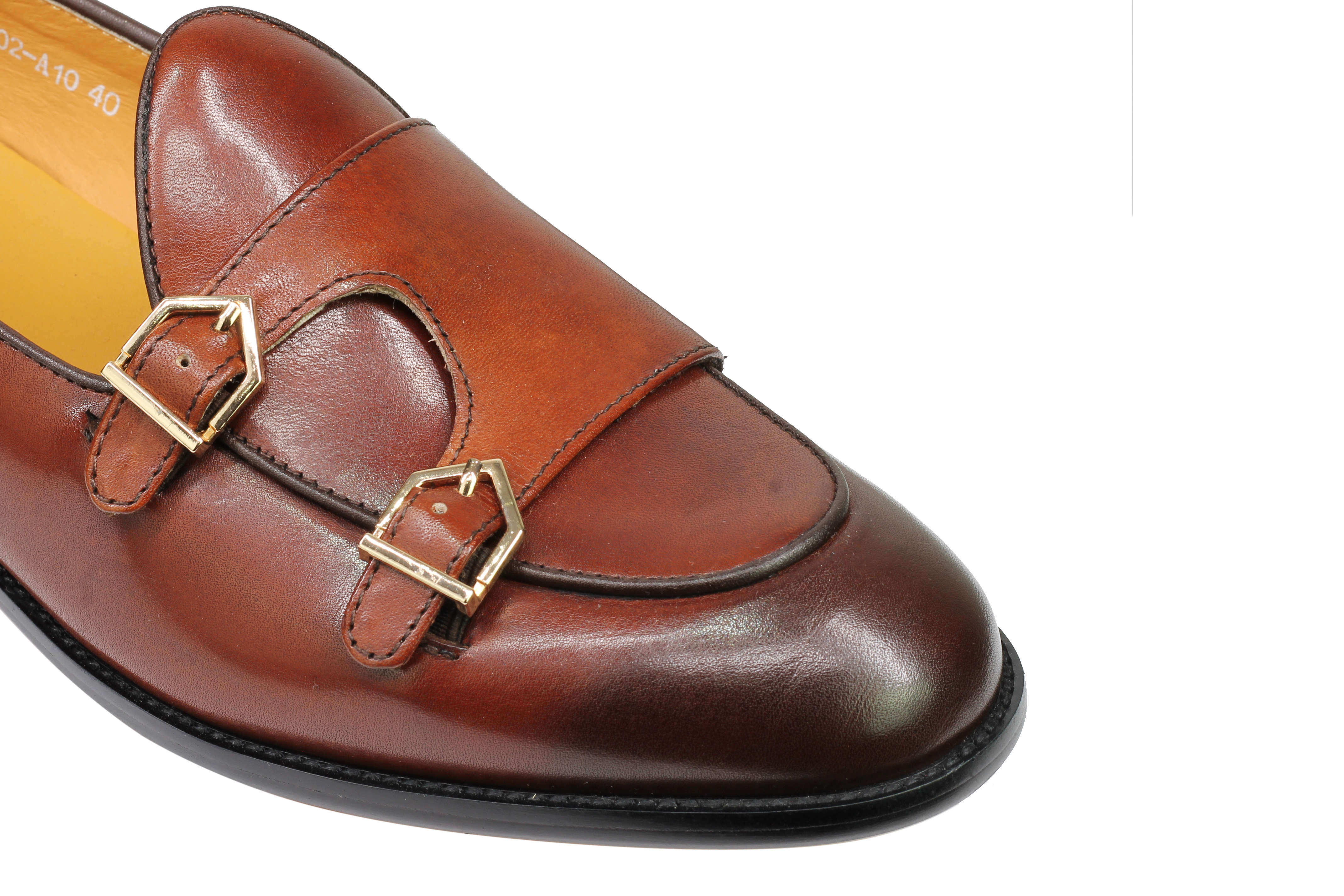 Real Leather Double Monk Retro Loafers Brown