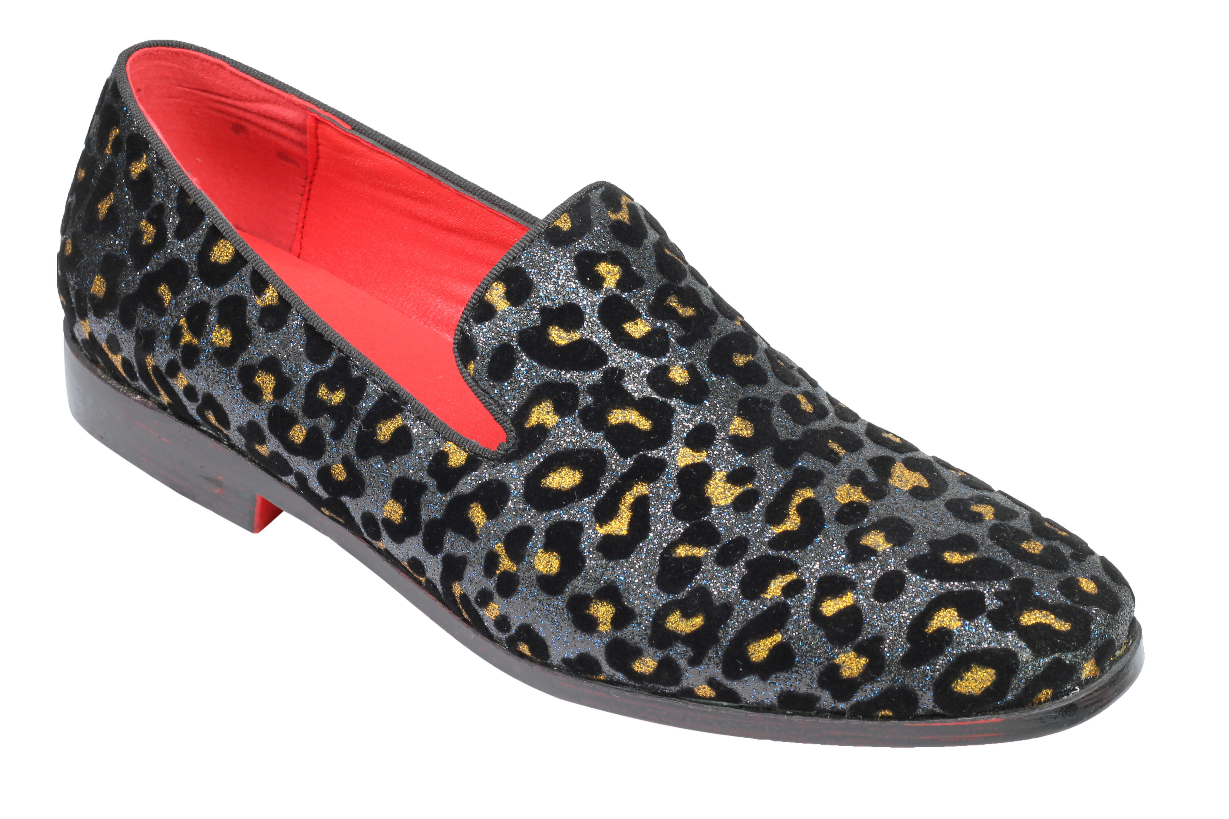 Mens Leopard Print Shoes Blue Black Gold Glitter Slip On Smoking Dress Loafers