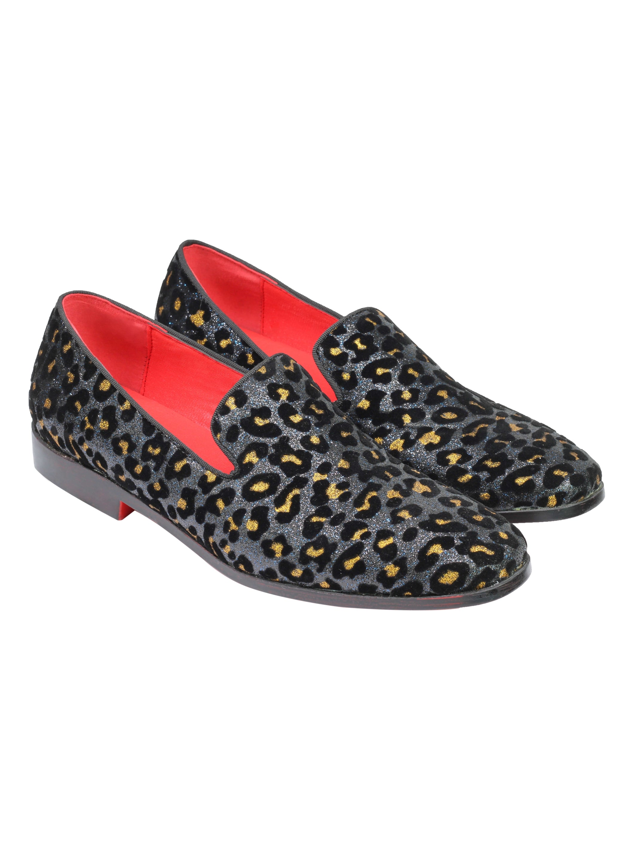 Mens Leopard Print Shoes Blue Black Gold Glitter Slip On Smoking Dress Loafers