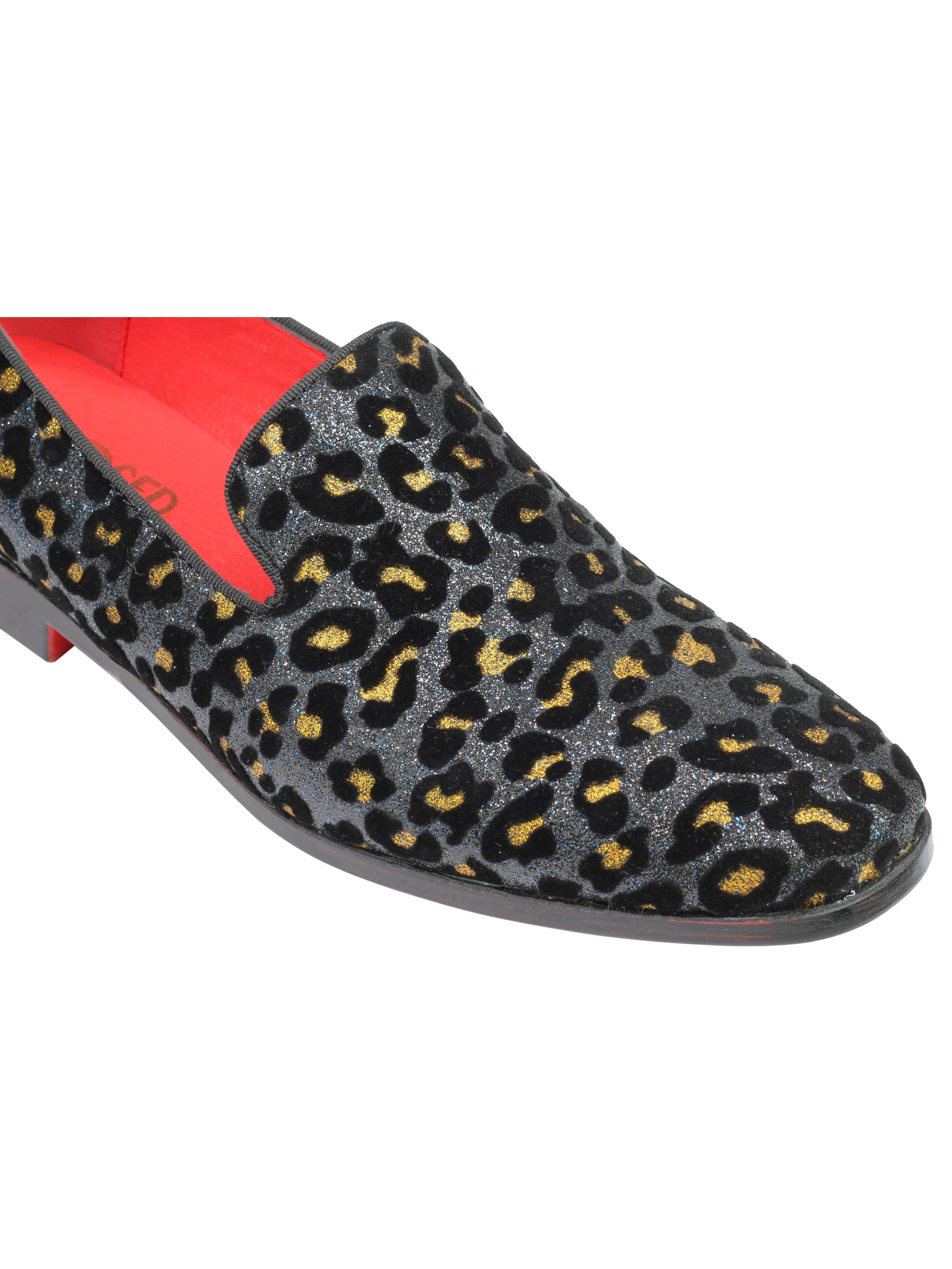 Mens Leopard Print Shoes Blue Black Gold Glitter Slip On Smoking Dress Loafers