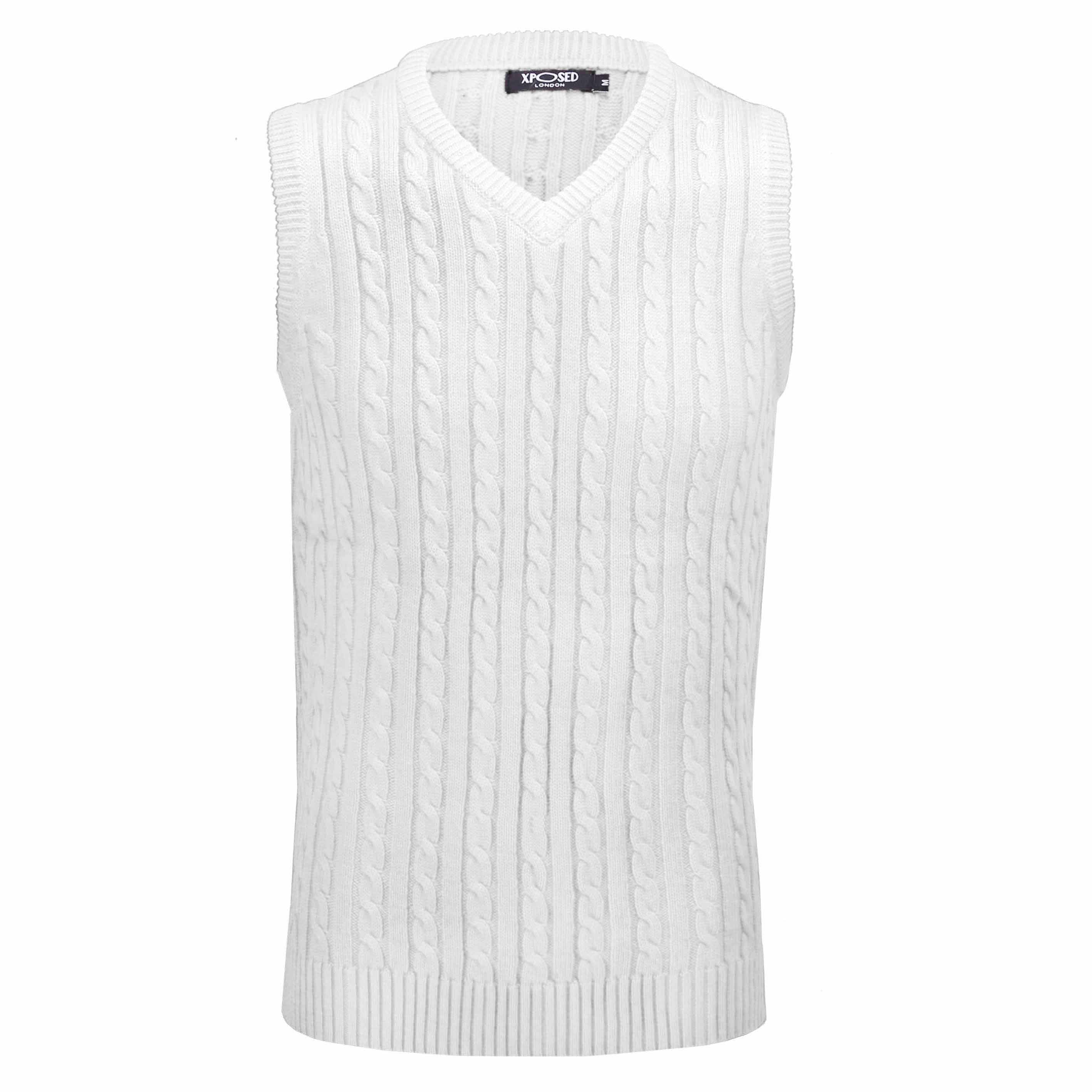 Mens Classic Knitted Sleeveless V Neck White Jumper