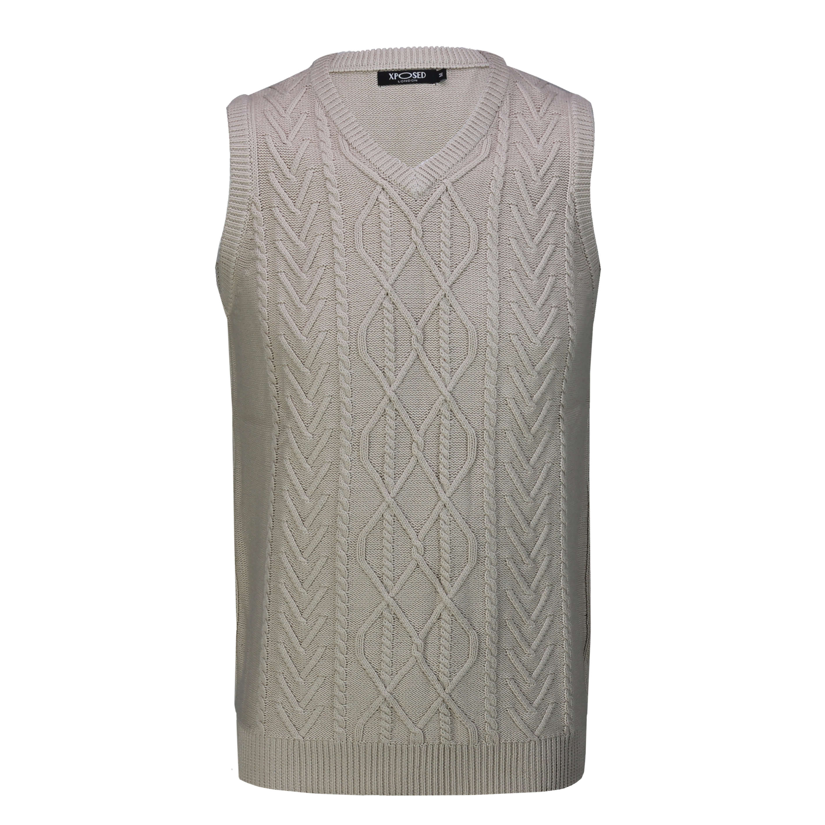Classic Sleeveless V Neck Beige Jumper Cable Knitted