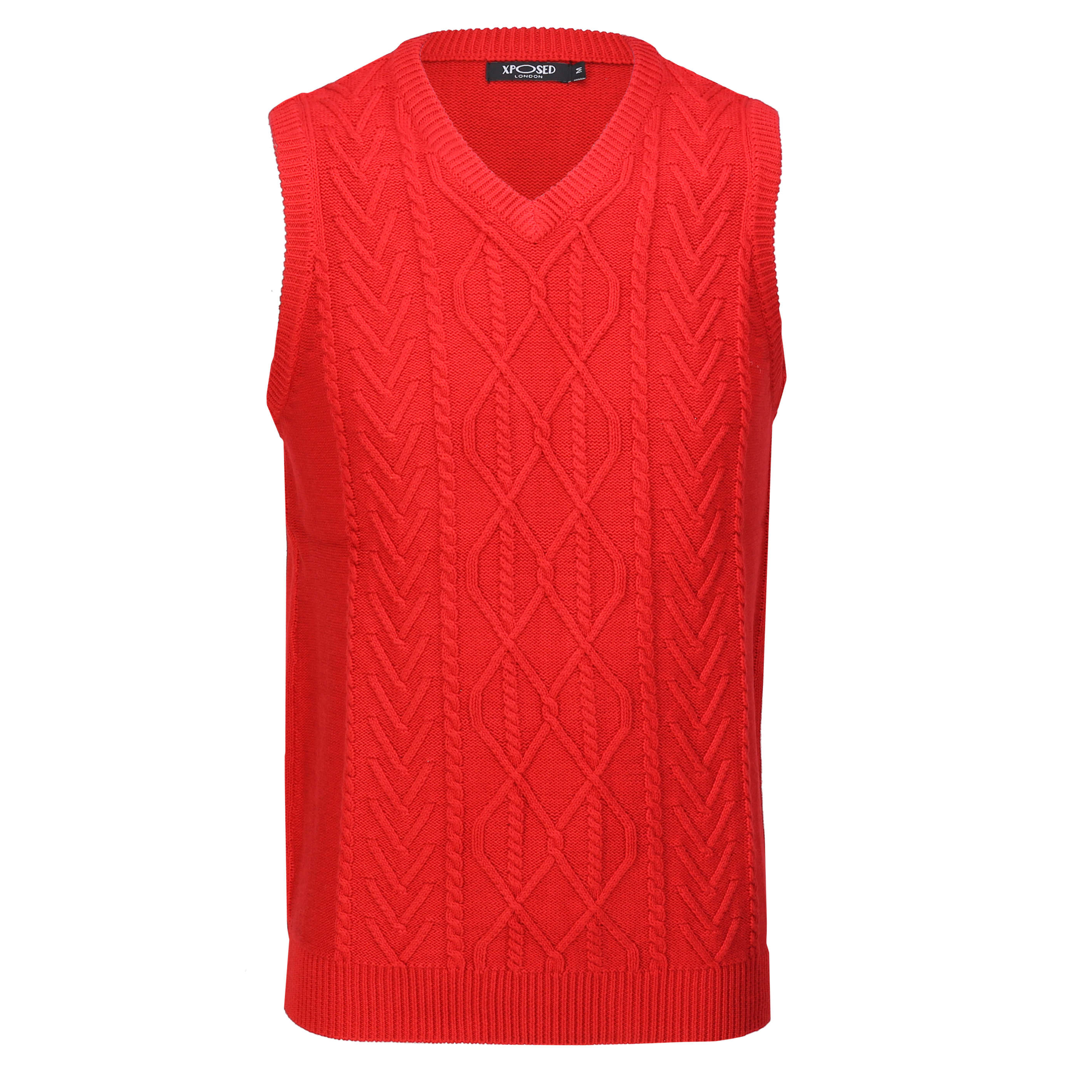 Classic Sleeveless V Neck Red Jumper Cable Knitted