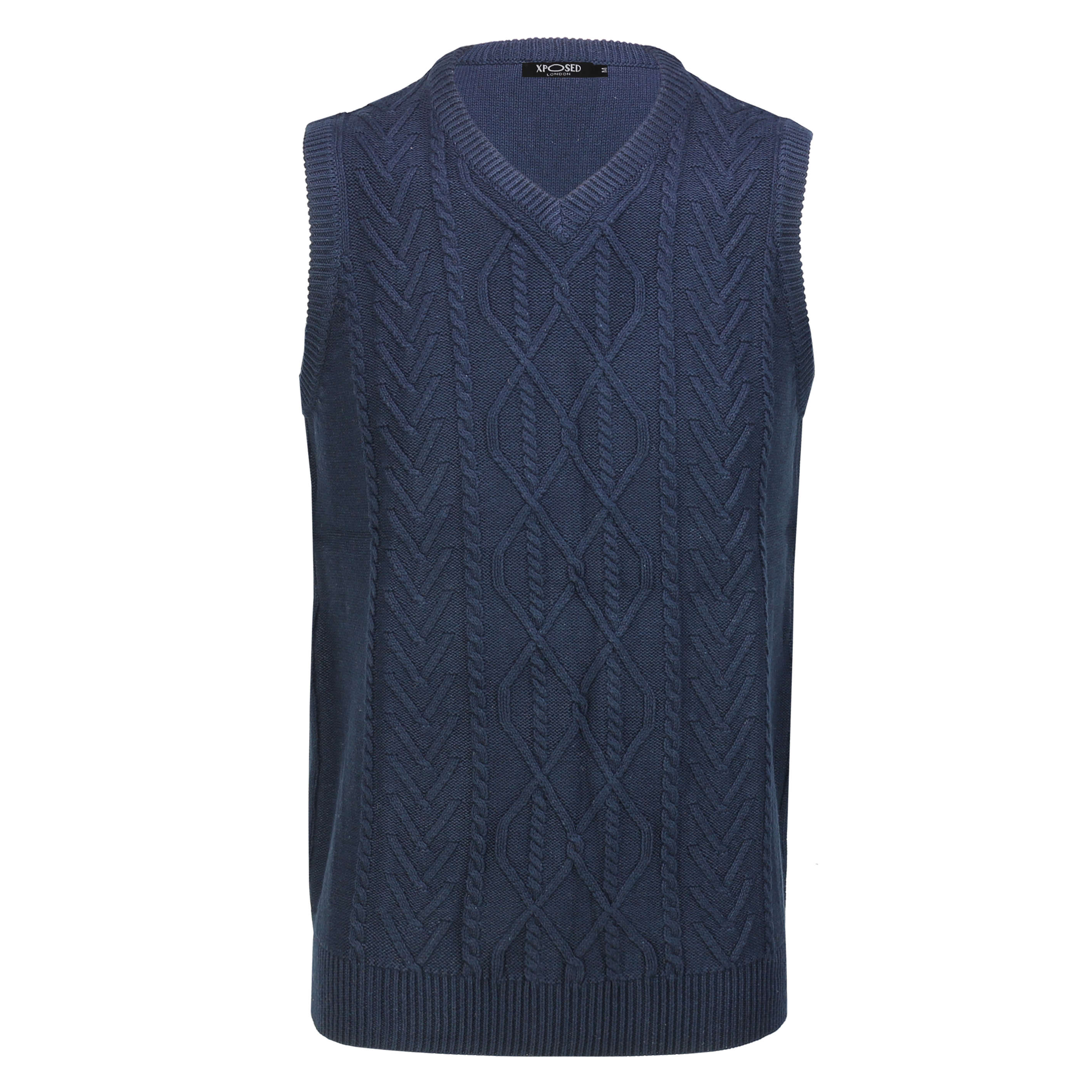 Classic Sleeveless V Neck Navy Jumper Cable Knitted