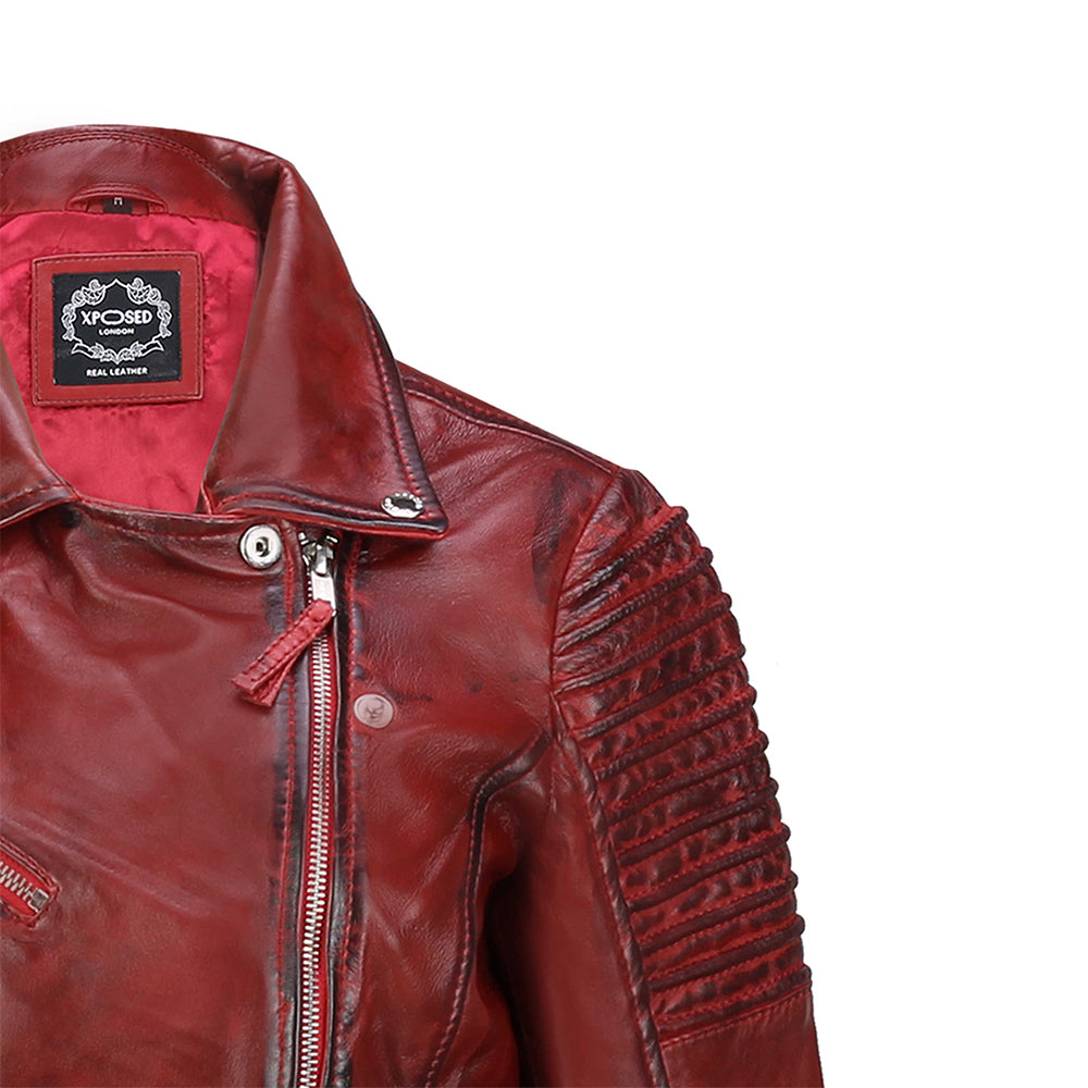 Ladies Retro Biker Jacket Washed Red