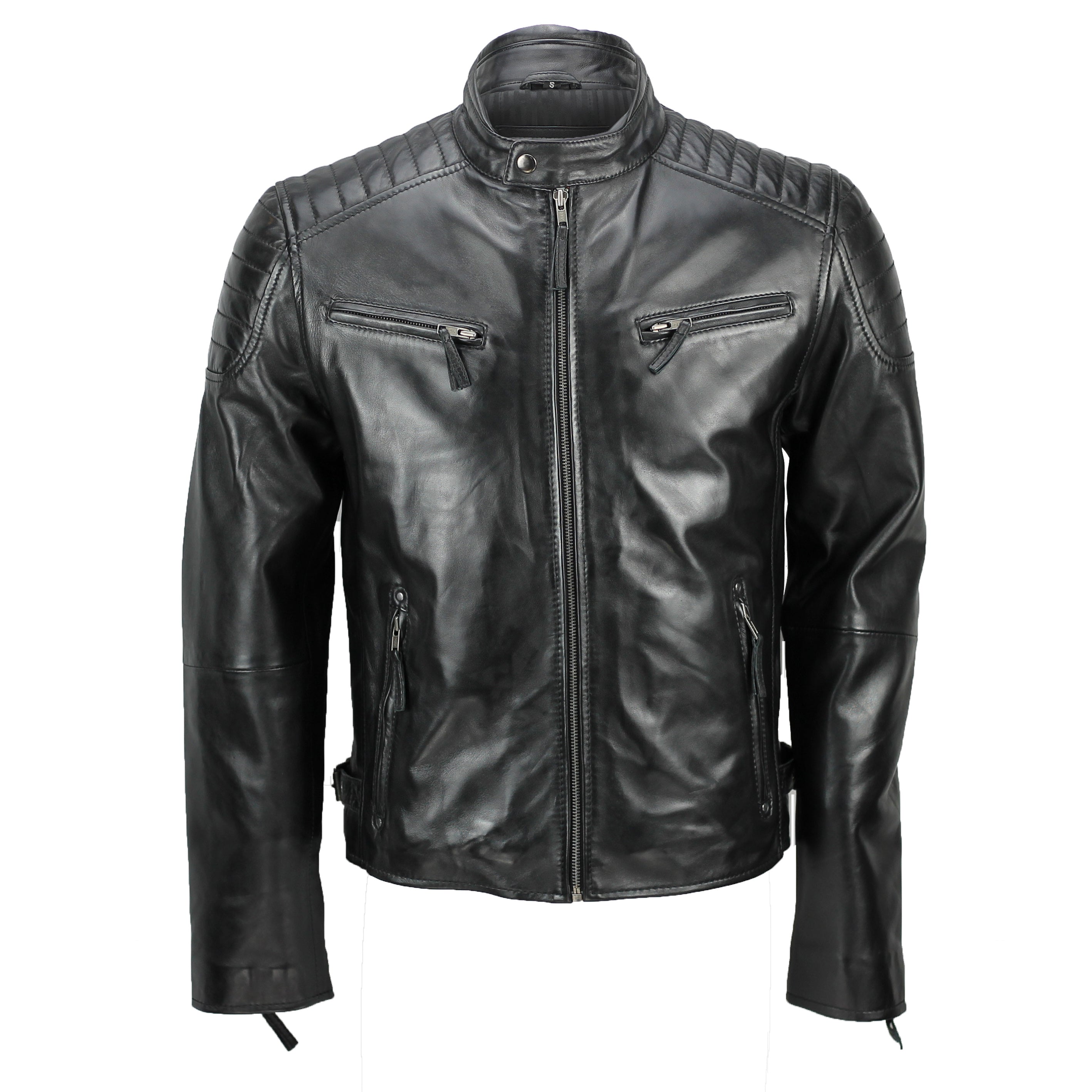 Mensreal Soft Leather Slim Fit Black Retro Zip Urban Smart Casual Biker Jacket
