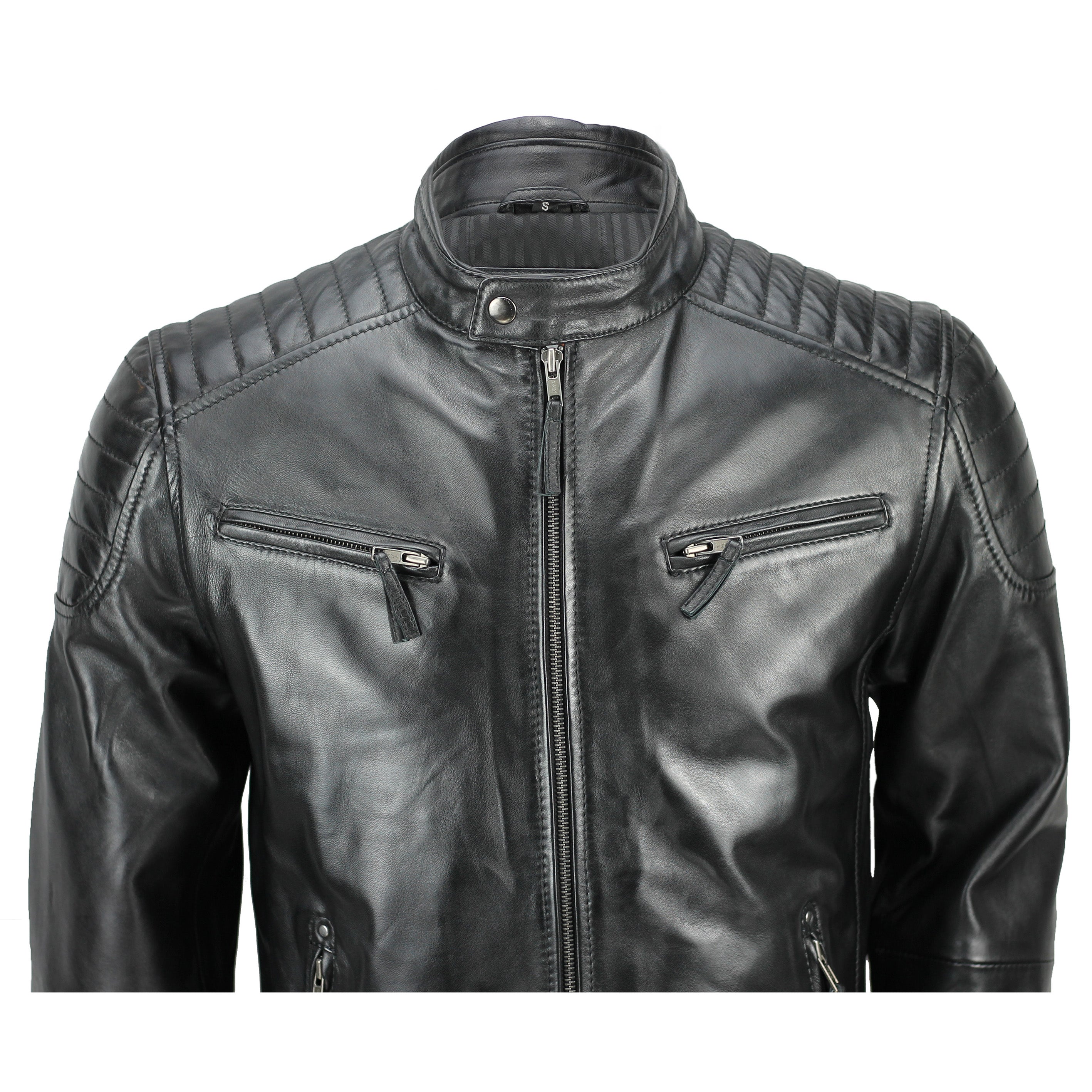 Mensreal Soft Leather Slim Fit Black Retro Zip Urban Smart Casual Biker Jacket