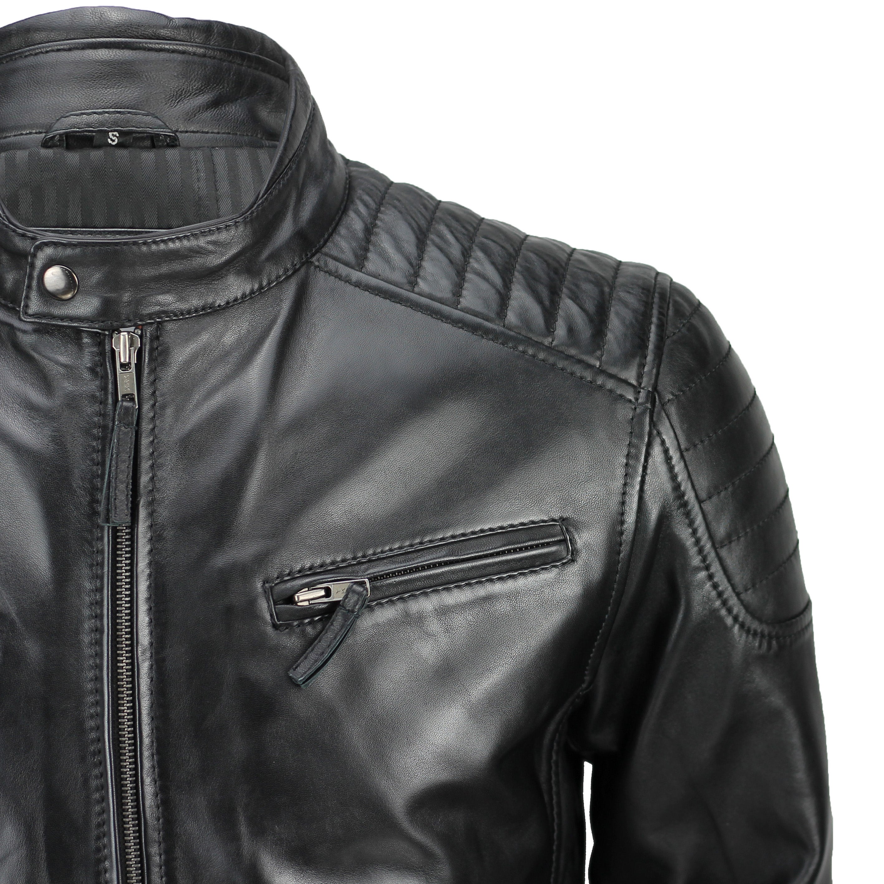 Mensreal Soft Leather Slim Fit Black Retro Zip Urban Smart Casual Biker Jacket