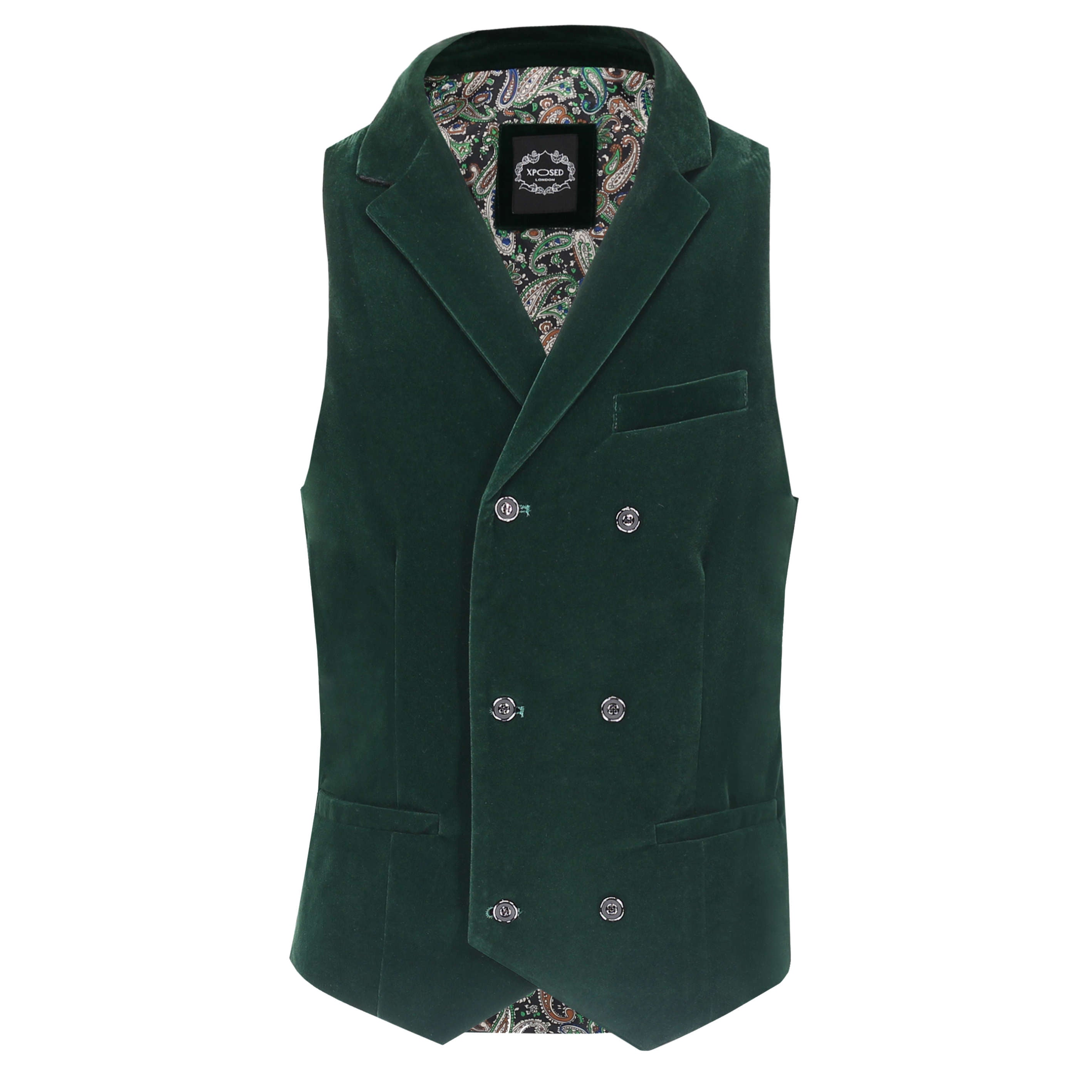 Green Velvet Double Breasted Collar Waistcoat