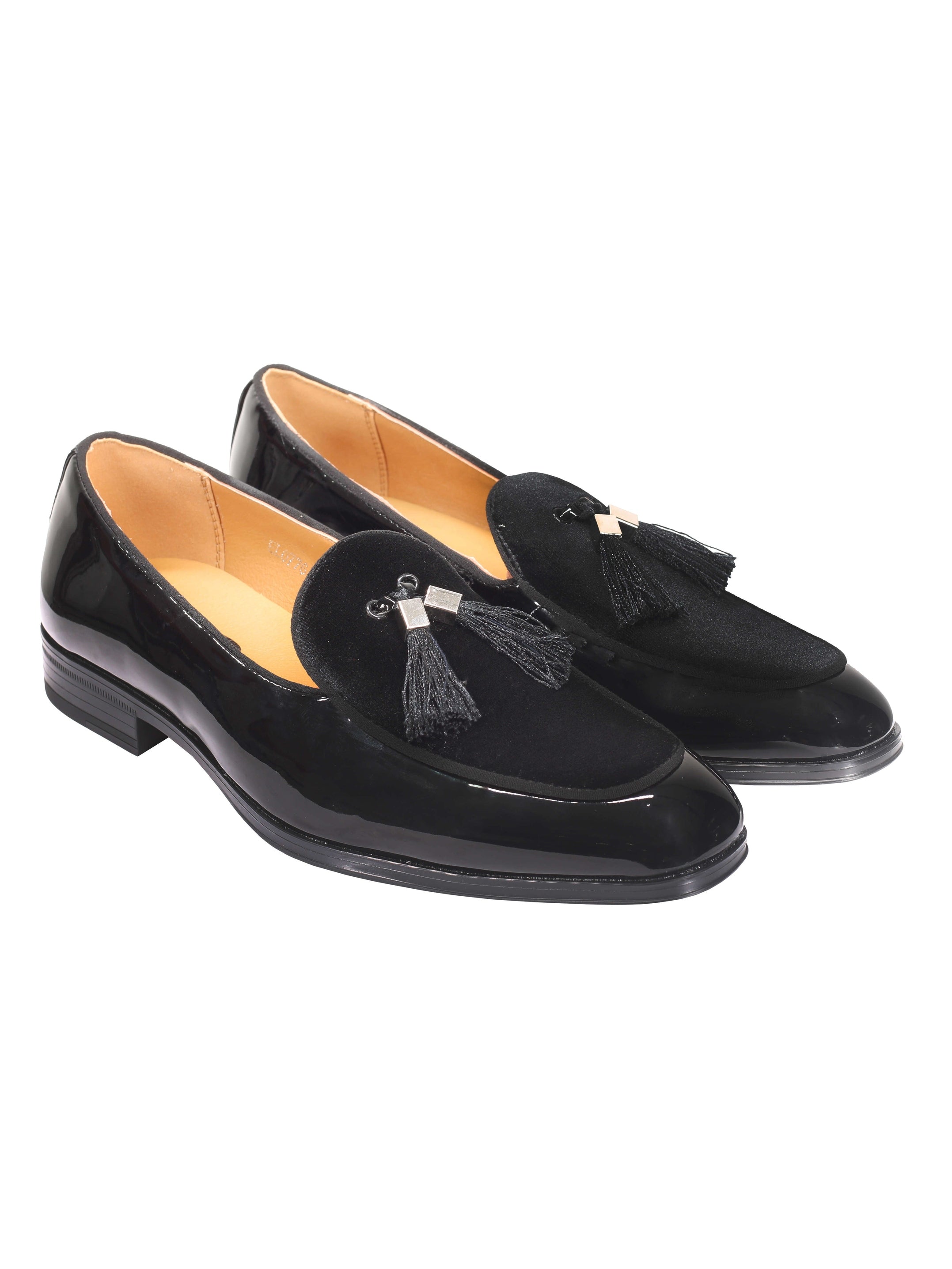 BLACK SHINY FAUX LEATHER TASSEL LOAFERS