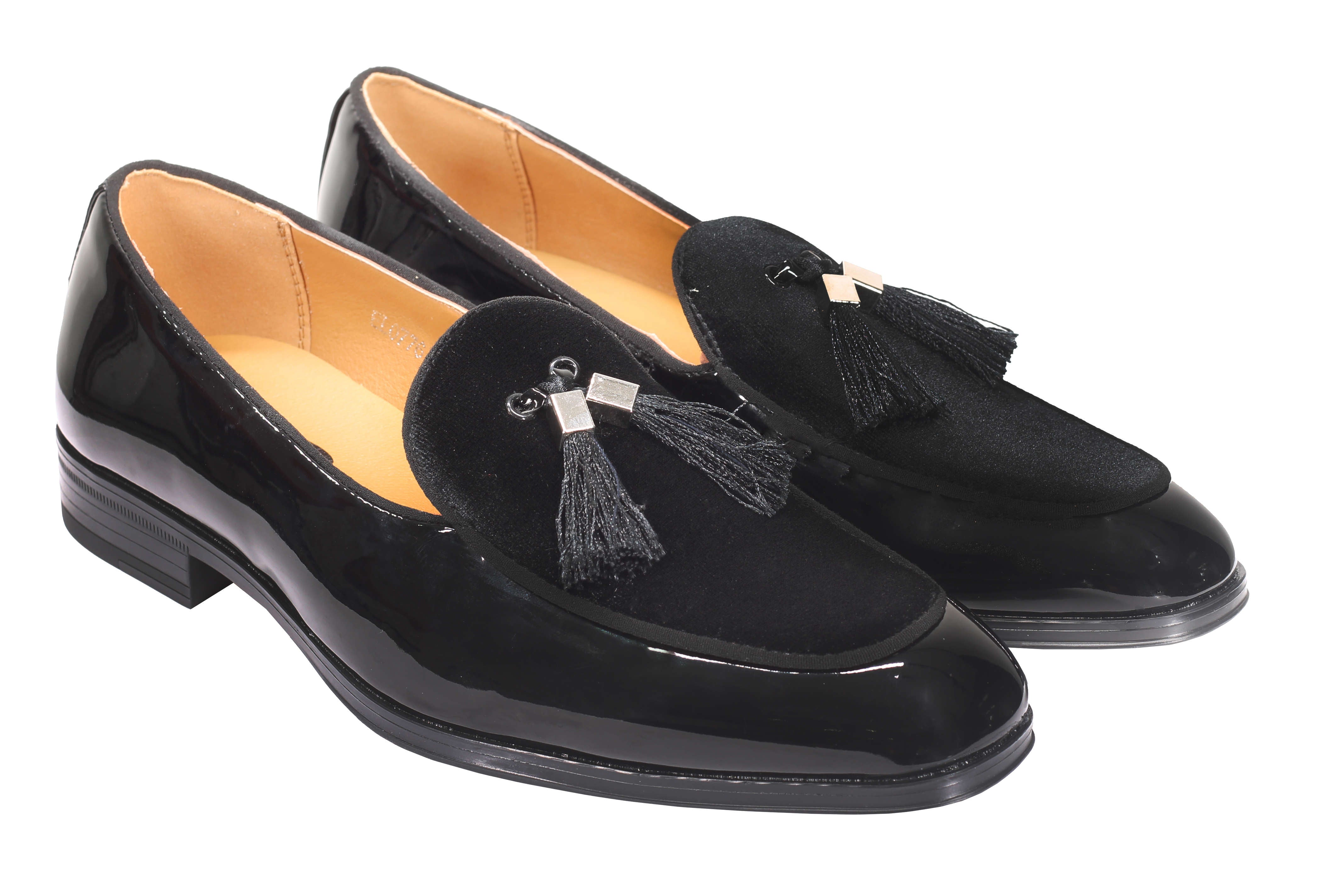 BLACK SHINY FAUX LEATHER TASSEL LOAFERS